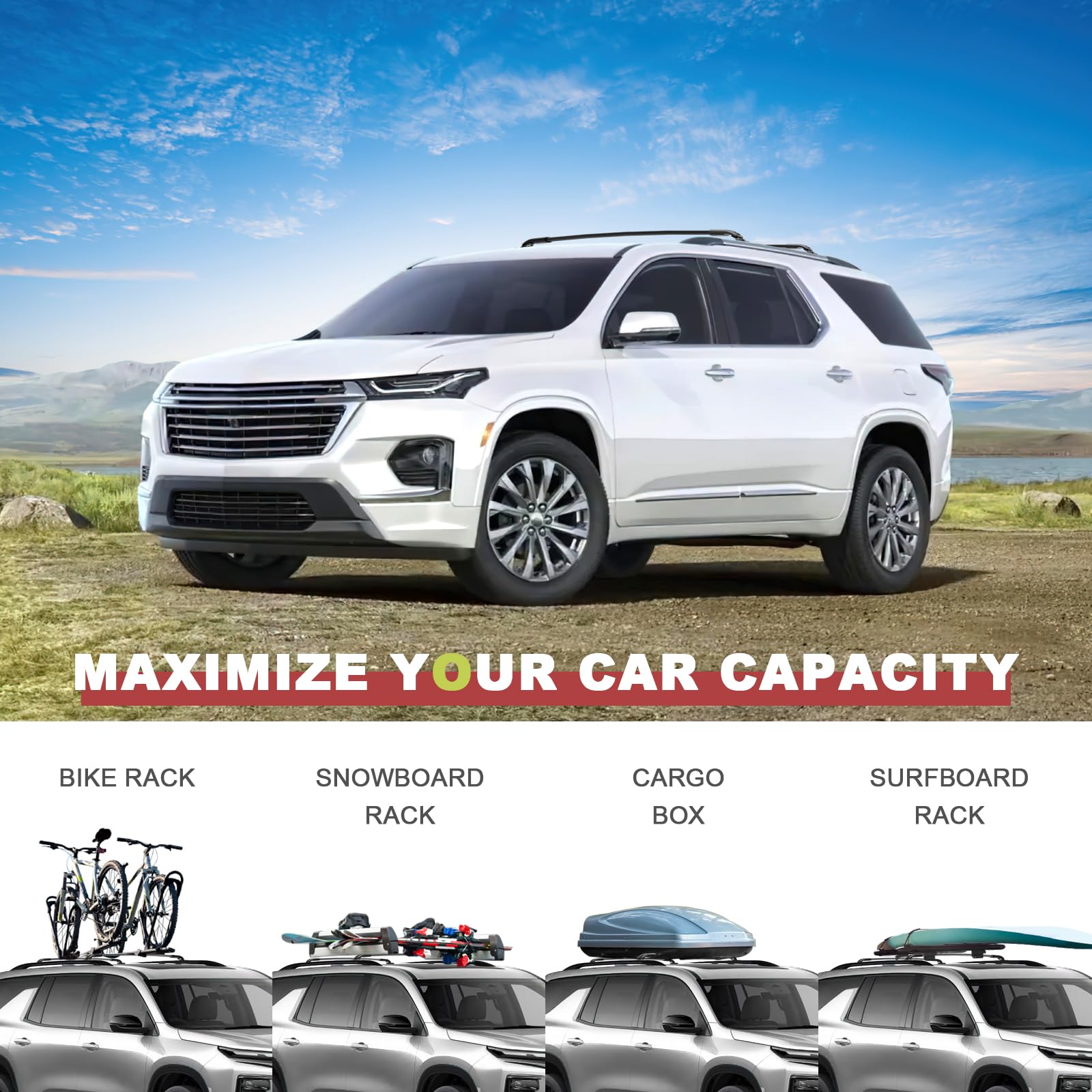 KINGGERI 220Lbs Roof Rack Cross Bars Compatible with 2022-2025 Chevrolet Chevy Traverse (with Raised Side Rails)