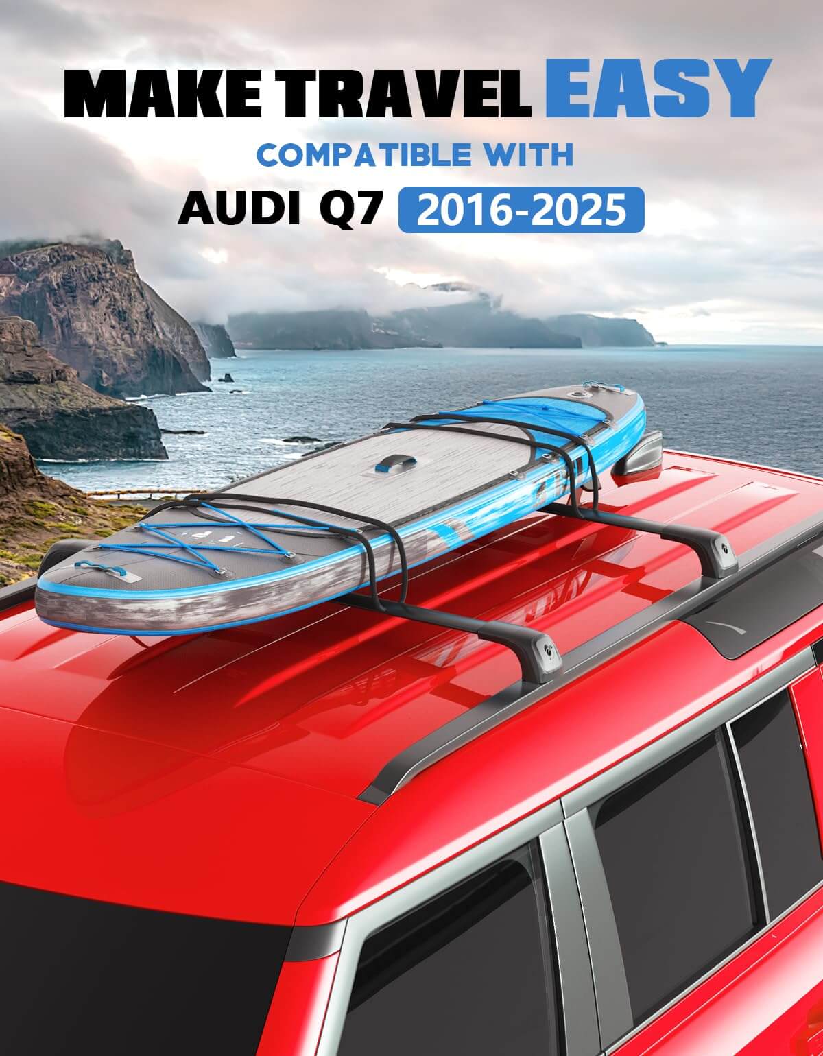 KINGGERI Roof Rack Cross Bars 260lbs Compatible with Audi Q7 2016-2025 (with Side Rails), Heavy Duty 260lbs Roof Rails Crossbars