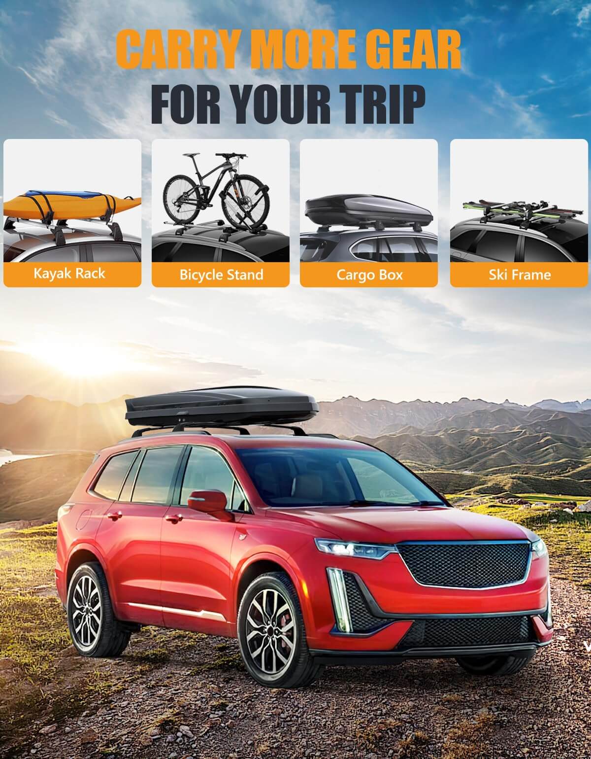 260lbs Lockable Roof Rack Cross Bars Compatible with Cadillac XT6 2020-2025 with Factory Side Rails