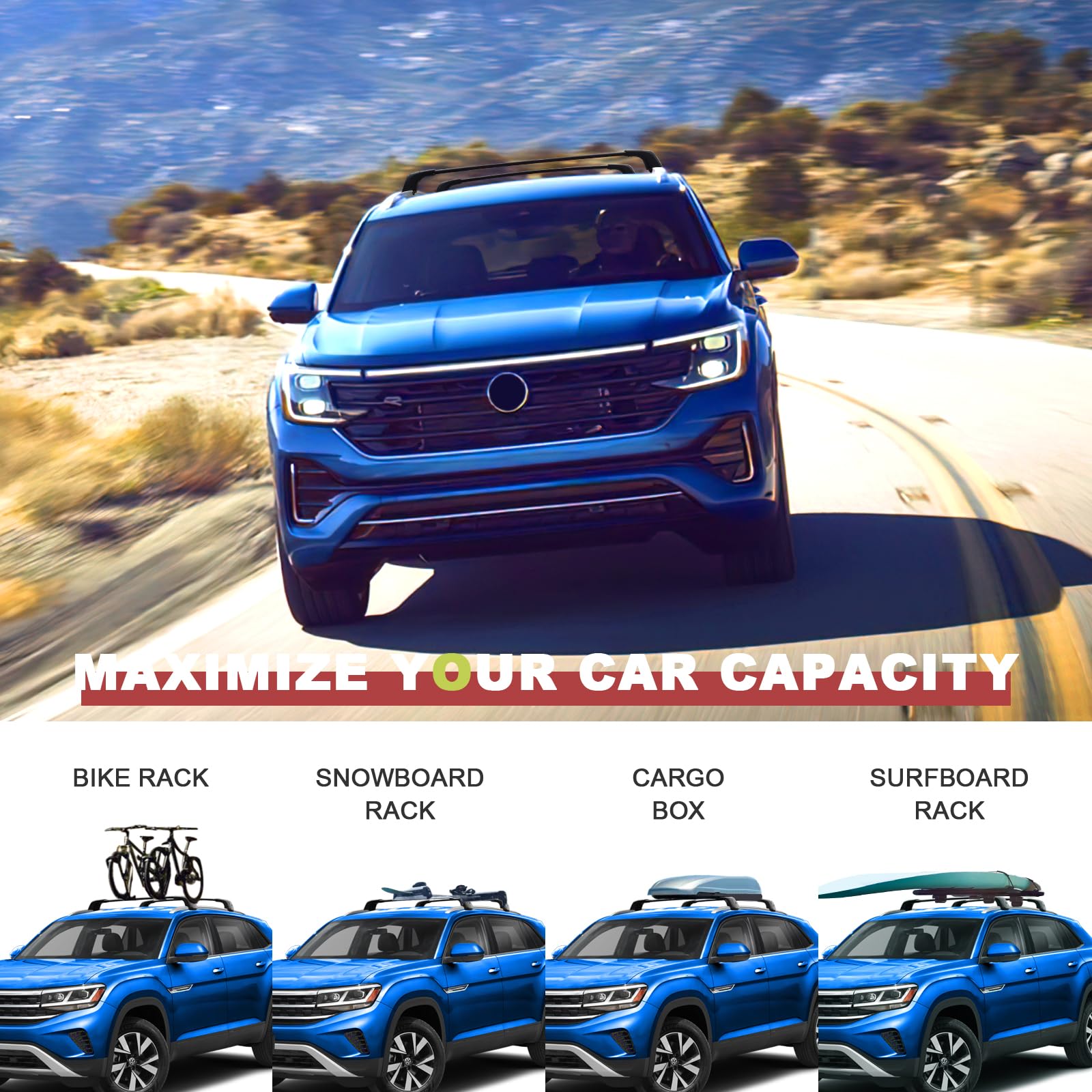 KINGGERI Lockable 260Lbs Roof Rack Cross Bars Compatible with Volkswagen VW Atlas Cross Sport 2020-2025 (with Flush Side Rails)