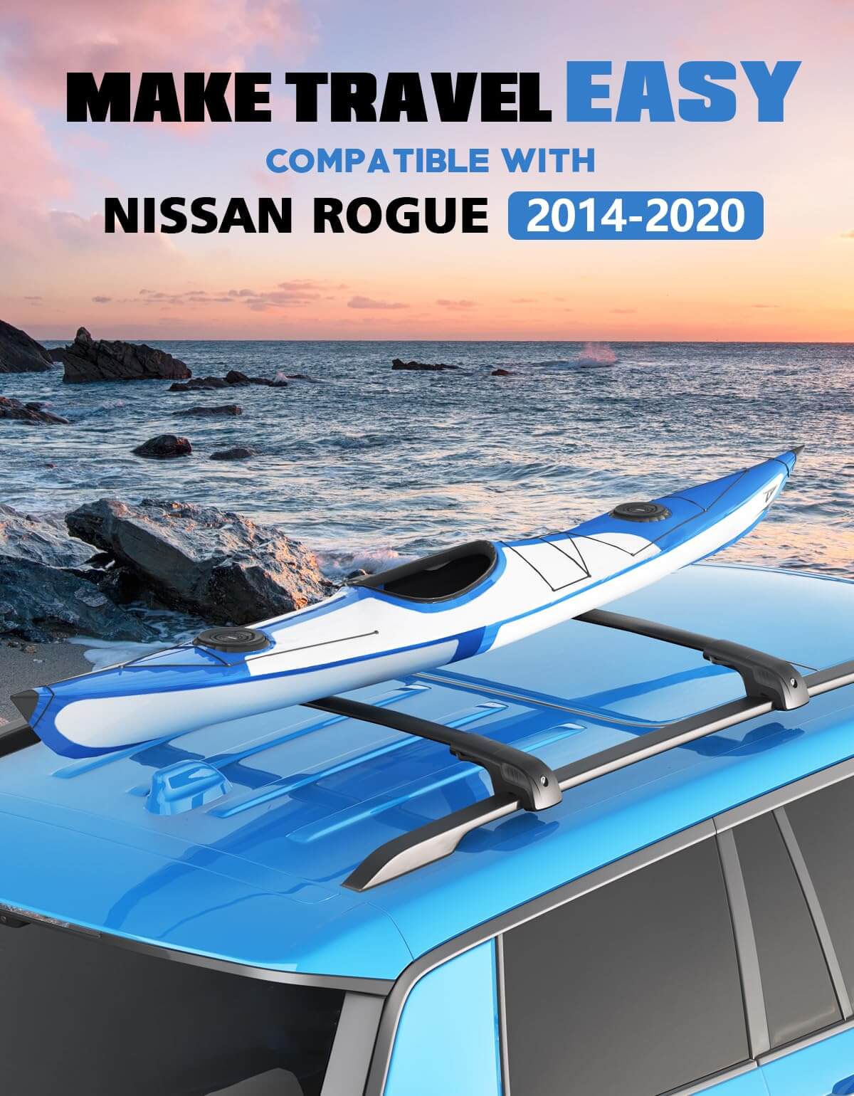 KINGGER Lockable Roof Rack Cross Bars 220lb Compatible with Nissan Rogue 2014-2020 (with Raised Side Rails)