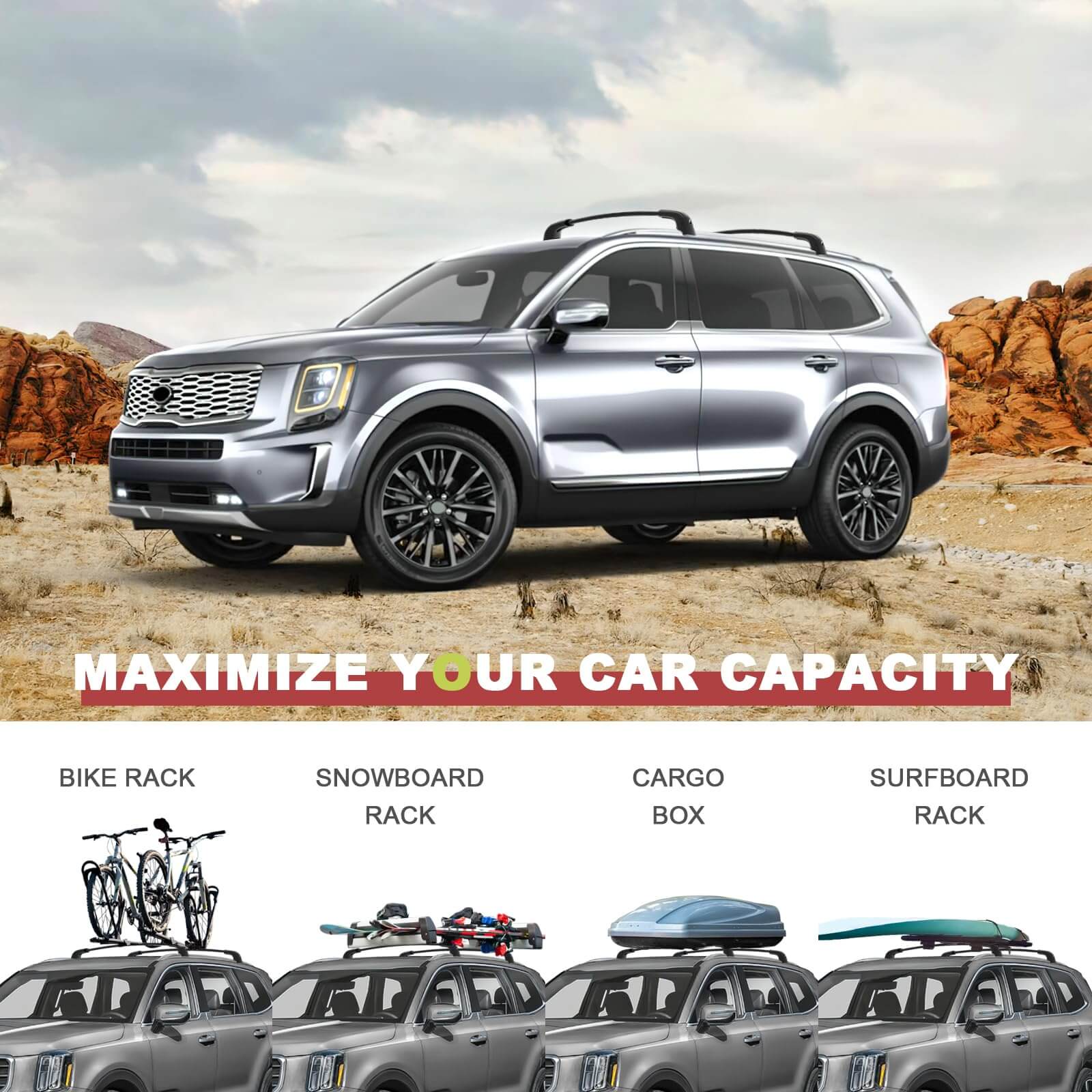KINGGERI 220lbs Lockable Roof Rack Cross Bars Compatible with Kia Telluride 2019-2025 EX S SX SX-Prestige
