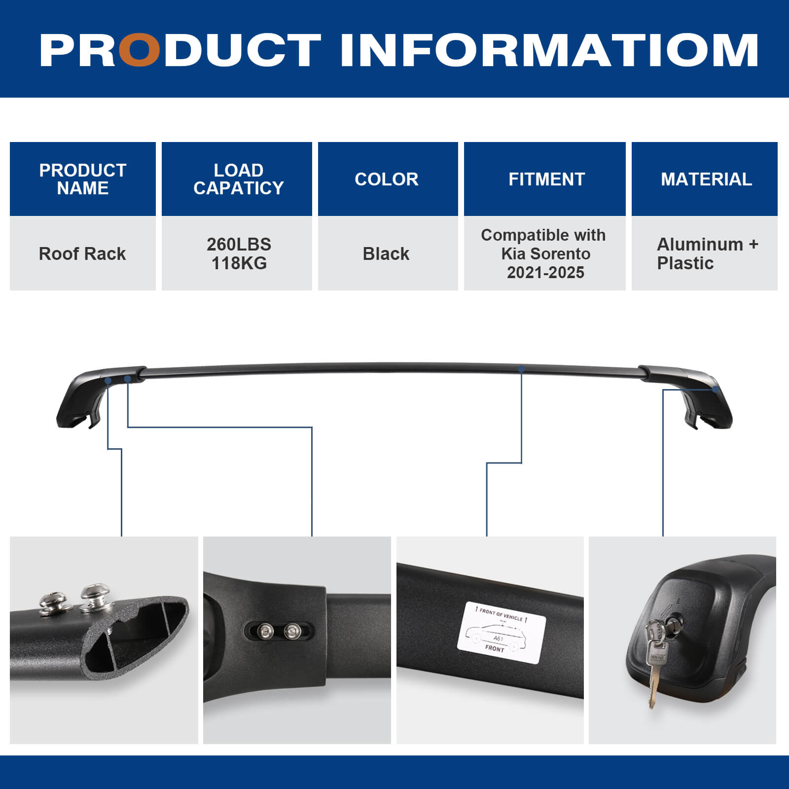 KINGGERI Lockable Roof Rack Cross Bars 260lbs Fit for KIA Sorento & Sorento Hybrid 2021-2025 with Flush Side Rails