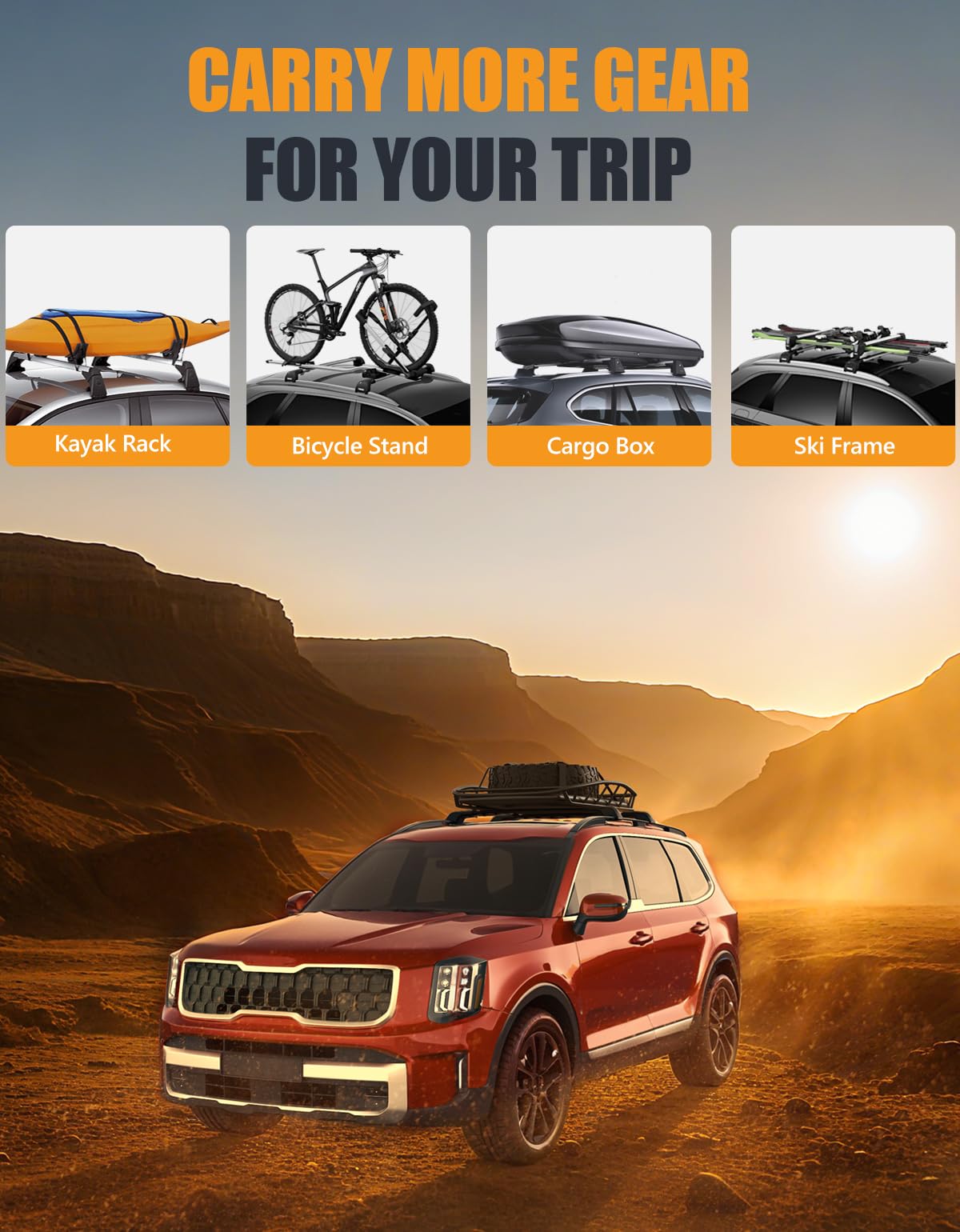 KINGGERI Lockable 260LBS Roof Rack Cross Bars Fit for Kia Telluride X-PRO X-LINE 2023-2025 (with Raised Side Rails)