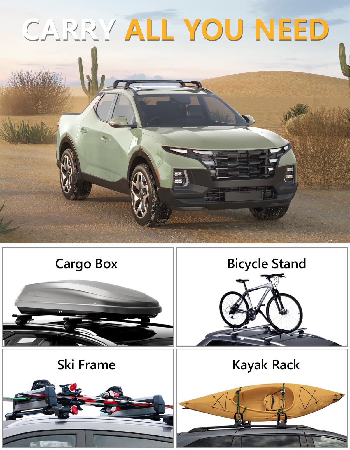 220lbs Lockable Roof Rack Cross Bars Compatible with Hyundai Santa Cruz 2021-2025 SE SEL Premium Night Limited