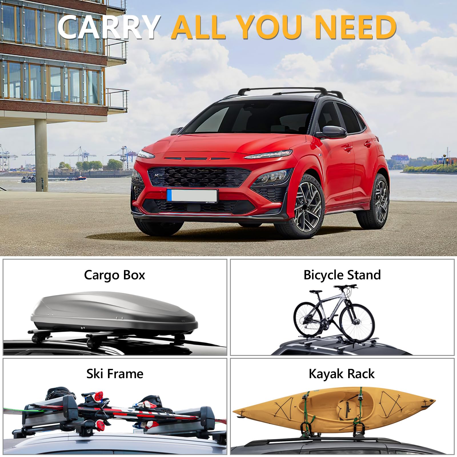 Lockable 220lbs Roof Rack Cross Bars Compatible with 2018-2023 Hyundai Kona & Kona N & Kona Electric with Flush Side Rails