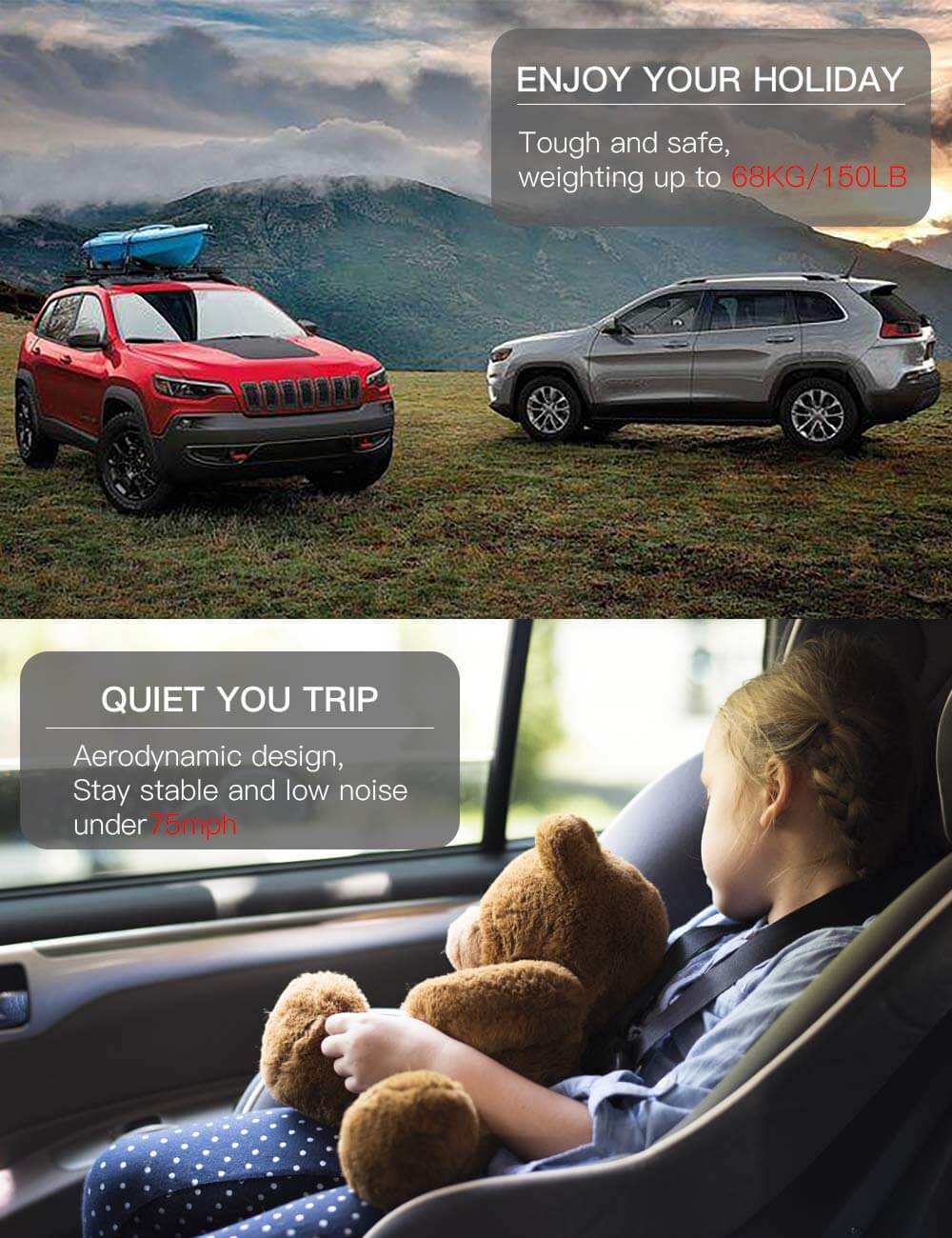 KINGGERI Roof Rack Cross Bars 220lb Compatible with Jeep Cherokee 2014-2023,Aluminum Crossbars Rails Cargo Rooftop