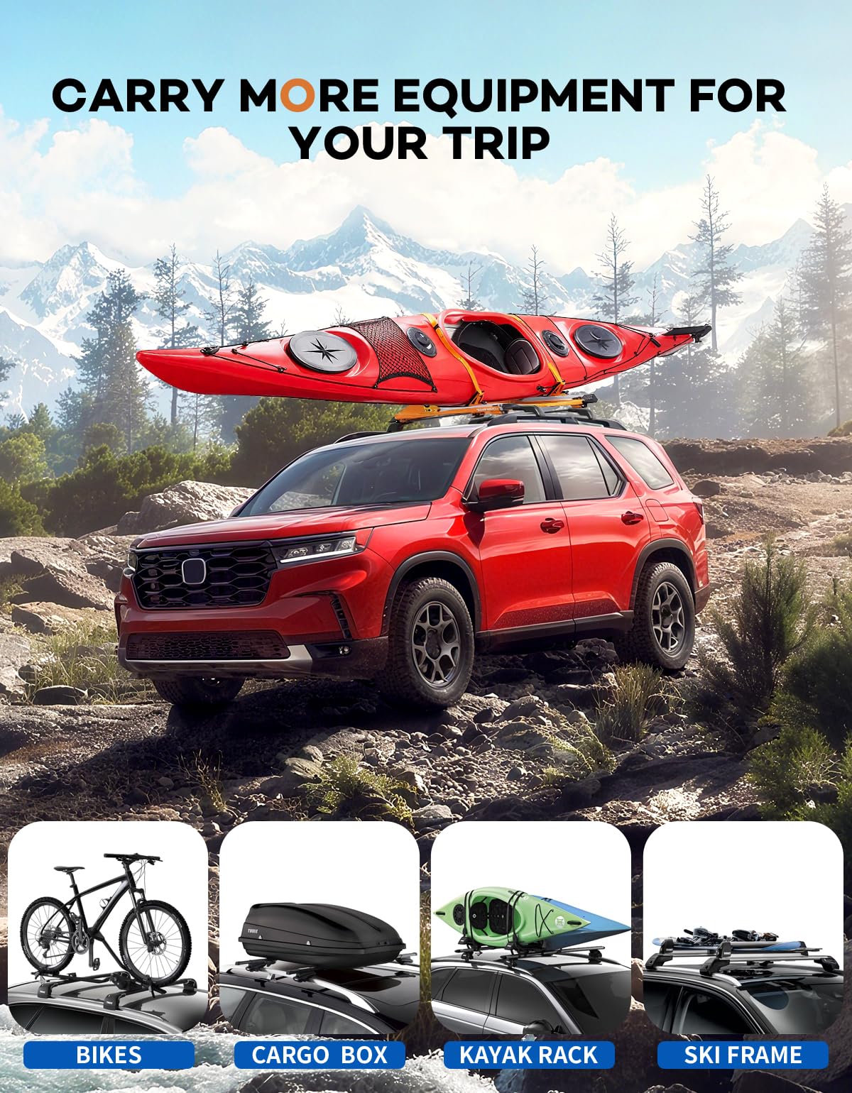 KINGGERI Lockable Roof Rack Cross Bars 260lbs Fit for Honda Pilot 2023-2025 Elite Sport Touring Trailsport (Not for LX & EX-L) with Raised Side Rails