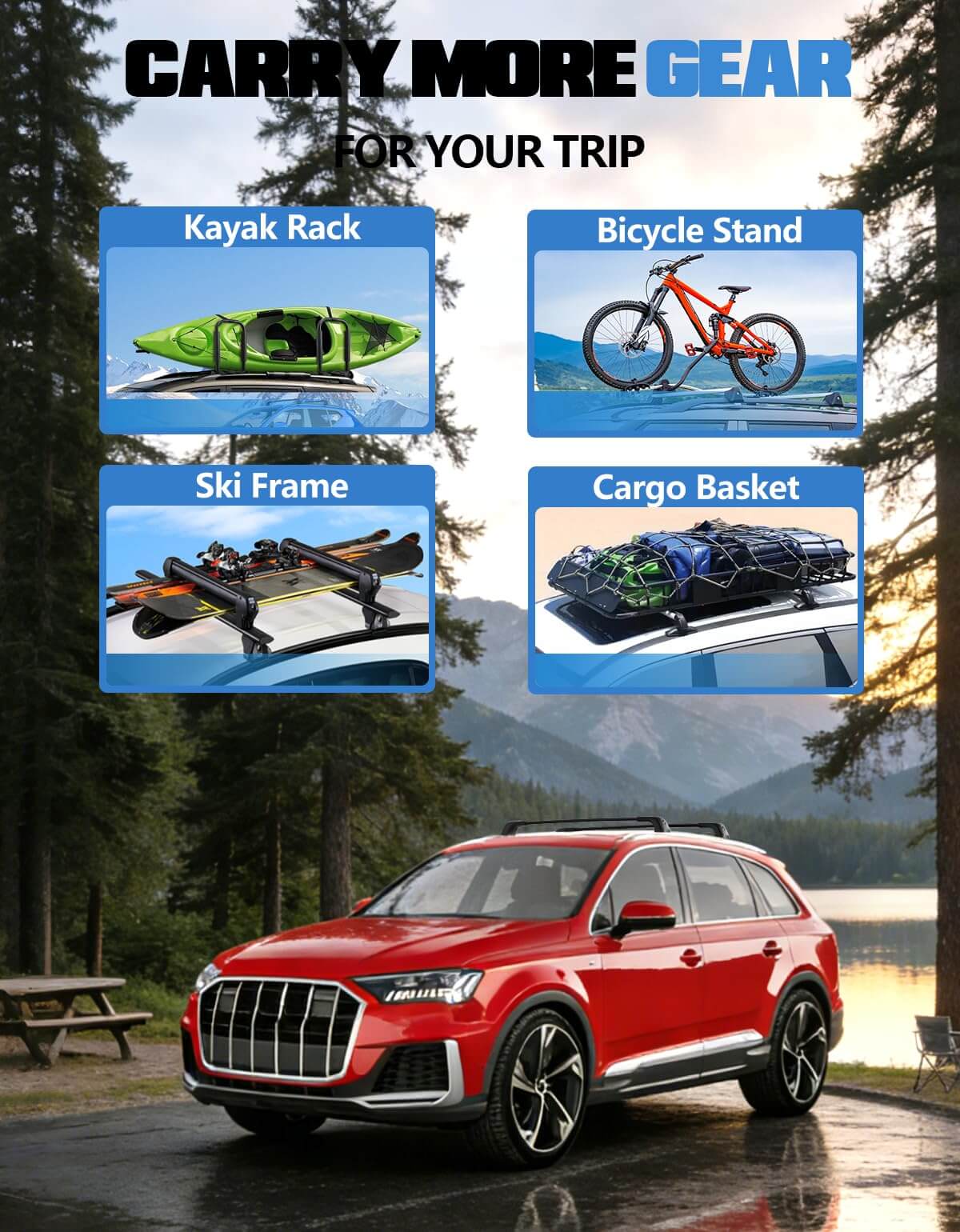 KINGGERI Roof Rack Cross Bars 260lbs Compatible with Audi Q7 2016-2025 (with Side Rails), Heavy Duty 260lbs Roof Rails Crossbars