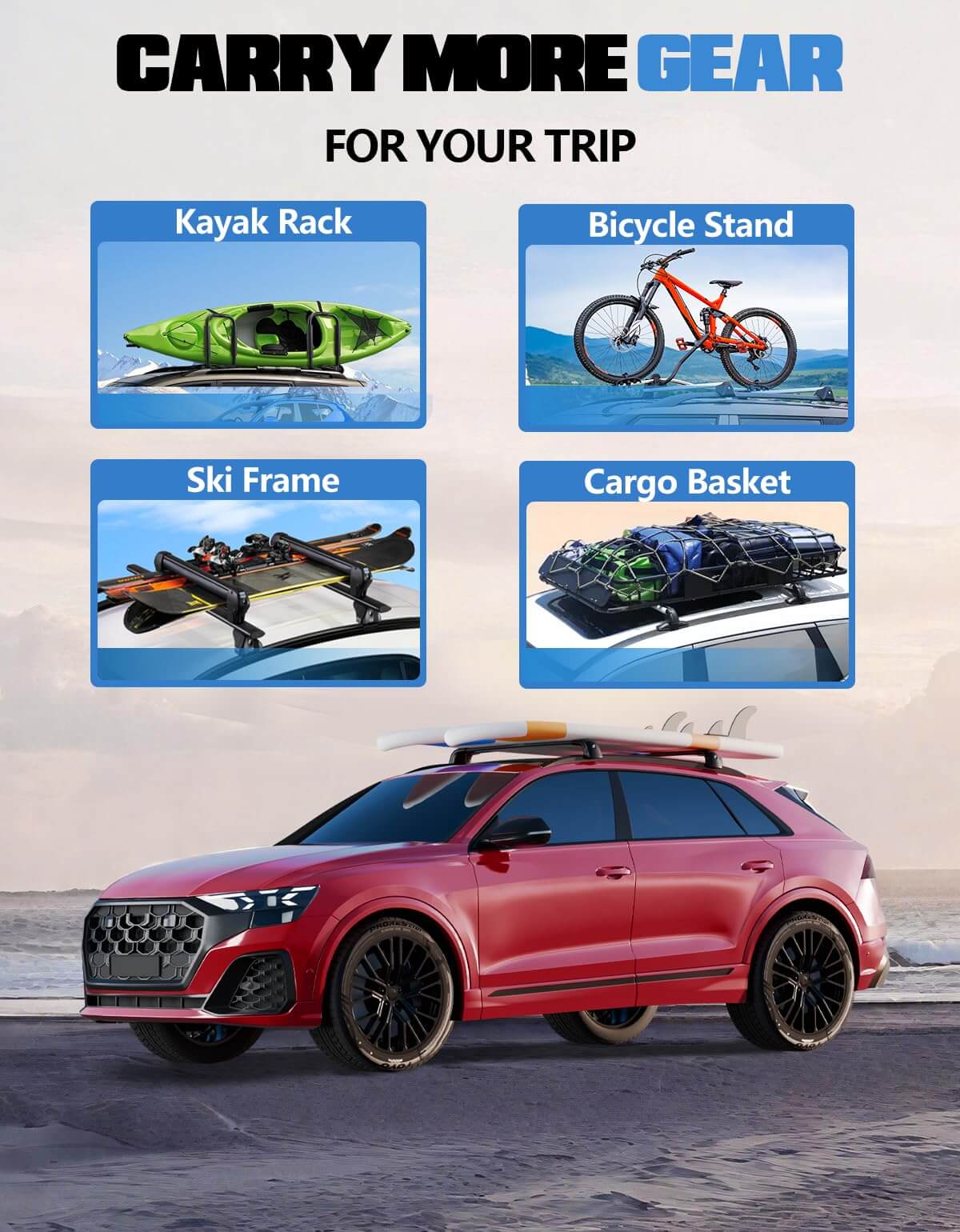 KINGGERI Lockable Roof Rack Cross Bars 220lb Compatible with Audi Q8 2019-2025 with Side Rails