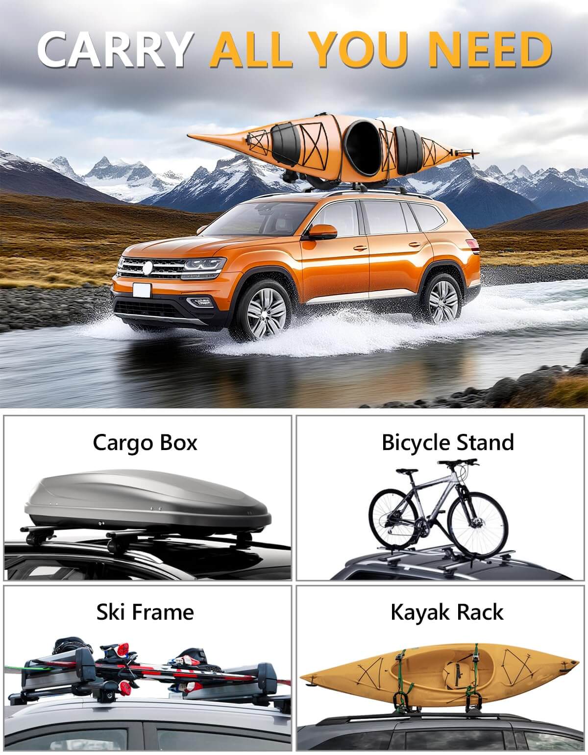KINGGERI 260lbs Lockble Roof Rack Cross Bars Fit for Volkswagen VW Atlas 2017-2025 with Raised Side Rails(Not For Atlas Cross Sport)