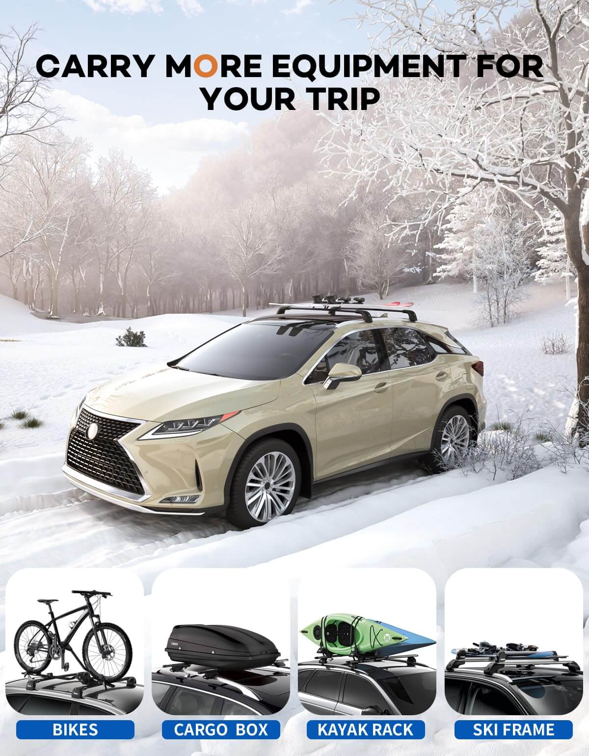 KINGGERI Lockable Roof Rack Cross Bars 220lbs Fit for Lexus RX 2016-2022 RX350 RX350L RX450h RX450hL(with Flush Side Rails)