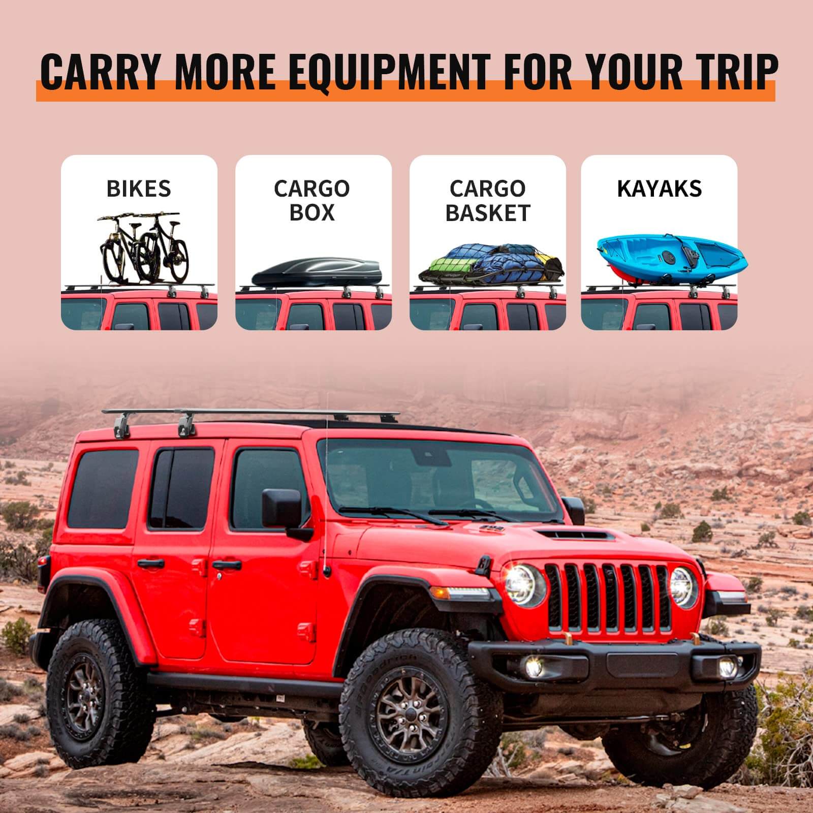 KINGGERI Heavy Duty 330lb Roof Rack Cross Bars Fit for Jeep Wrangler JK JL Gladiator JT 2007-2025, 2 & 4 Door Aluminum