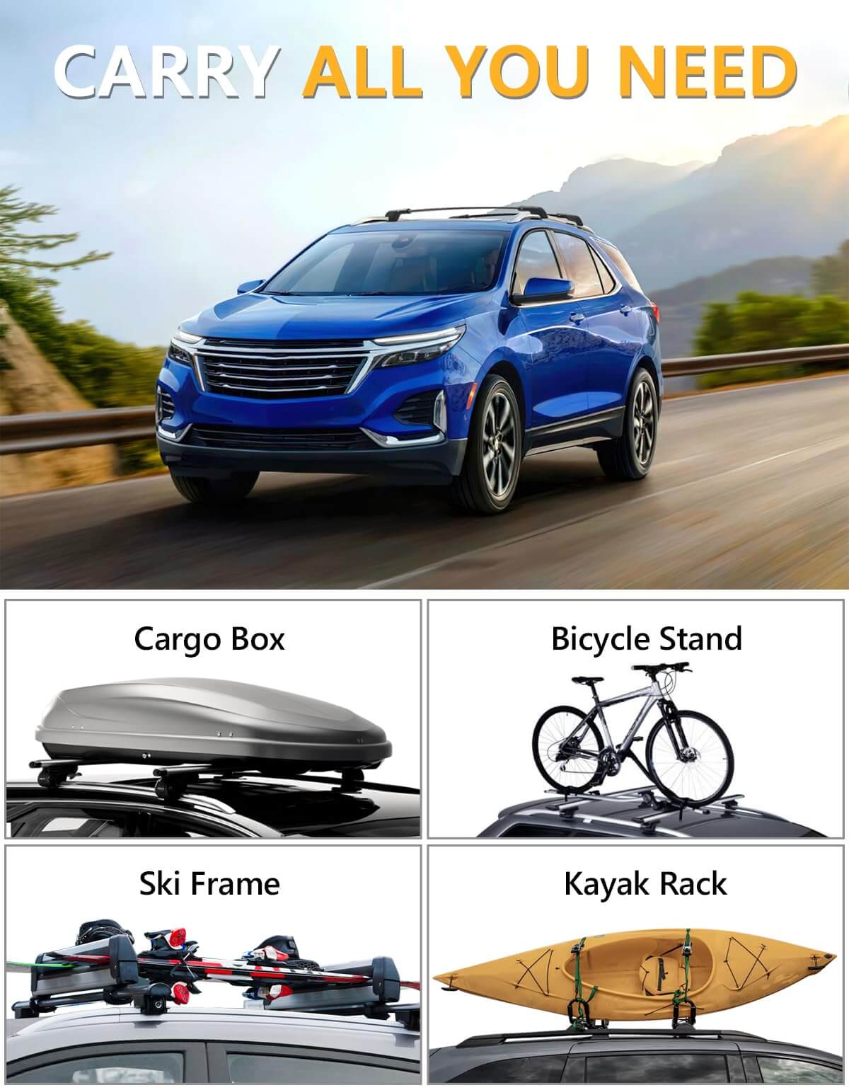 KINGGERI Lockable 220lbs Roof Rack Cross Bars Compatible with 2018-2024 Chevrolet Chevy Equinox GMC Terrain (Not for EV)