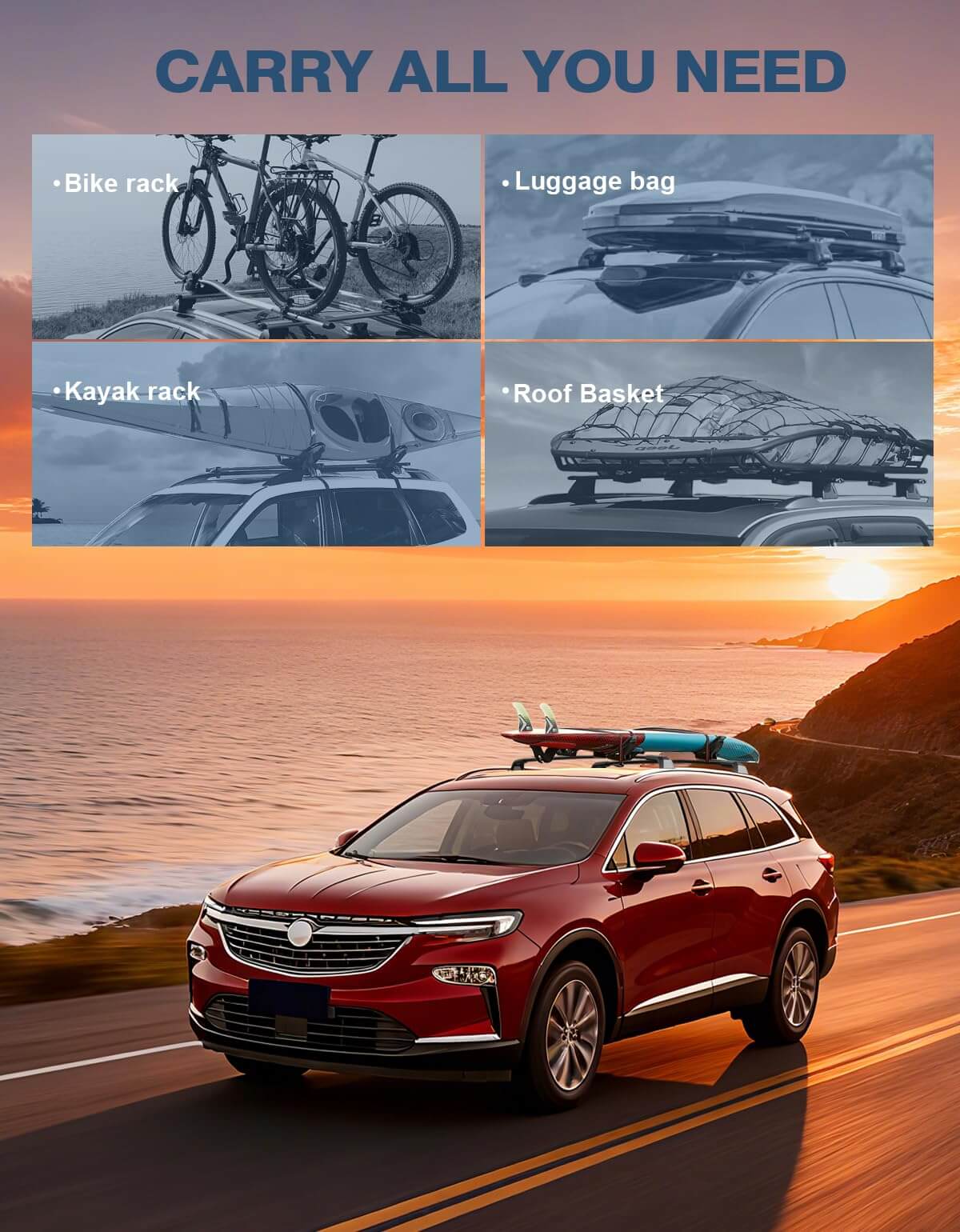 Roof Rack Cross Bars 220lbs Compatible with Buick Enclave 2018-2024 (with Flush Side Rails)