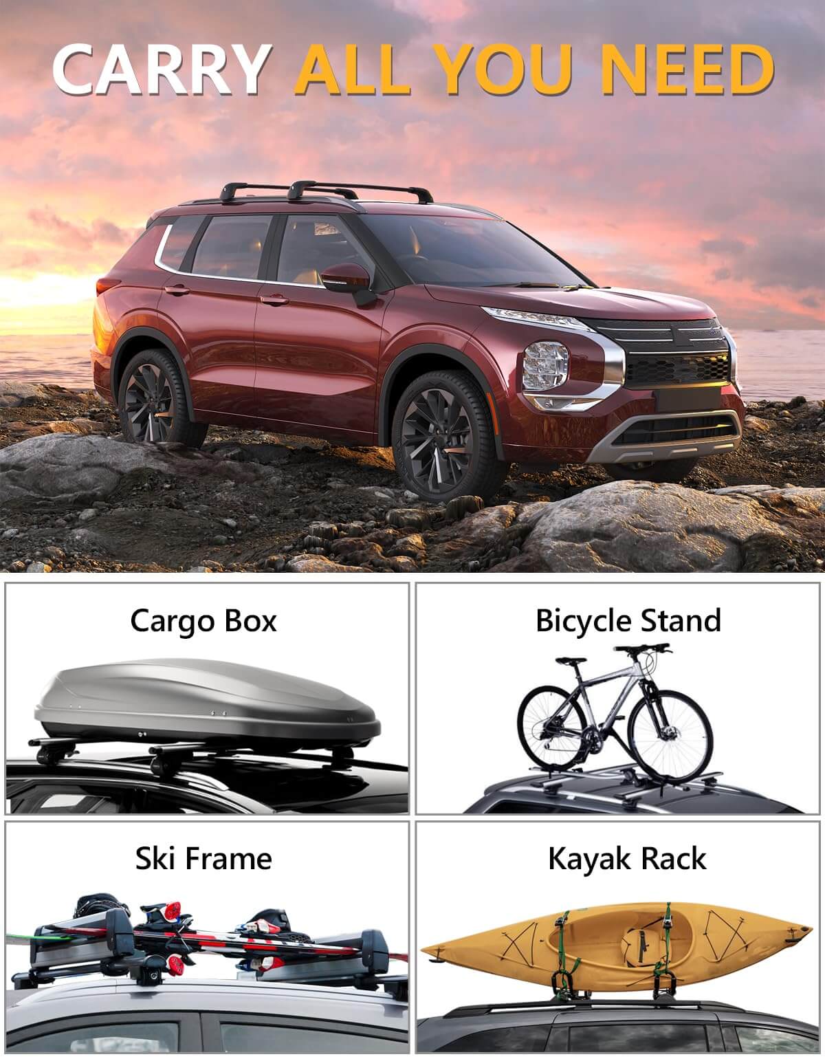 KINGGERI Lockable 220lb Roof Rack Cross Bars Fit for Mitsubishi Outlander 2022-2025 & Outlander PHEV 2023-2025 (with Flush Side Rails)