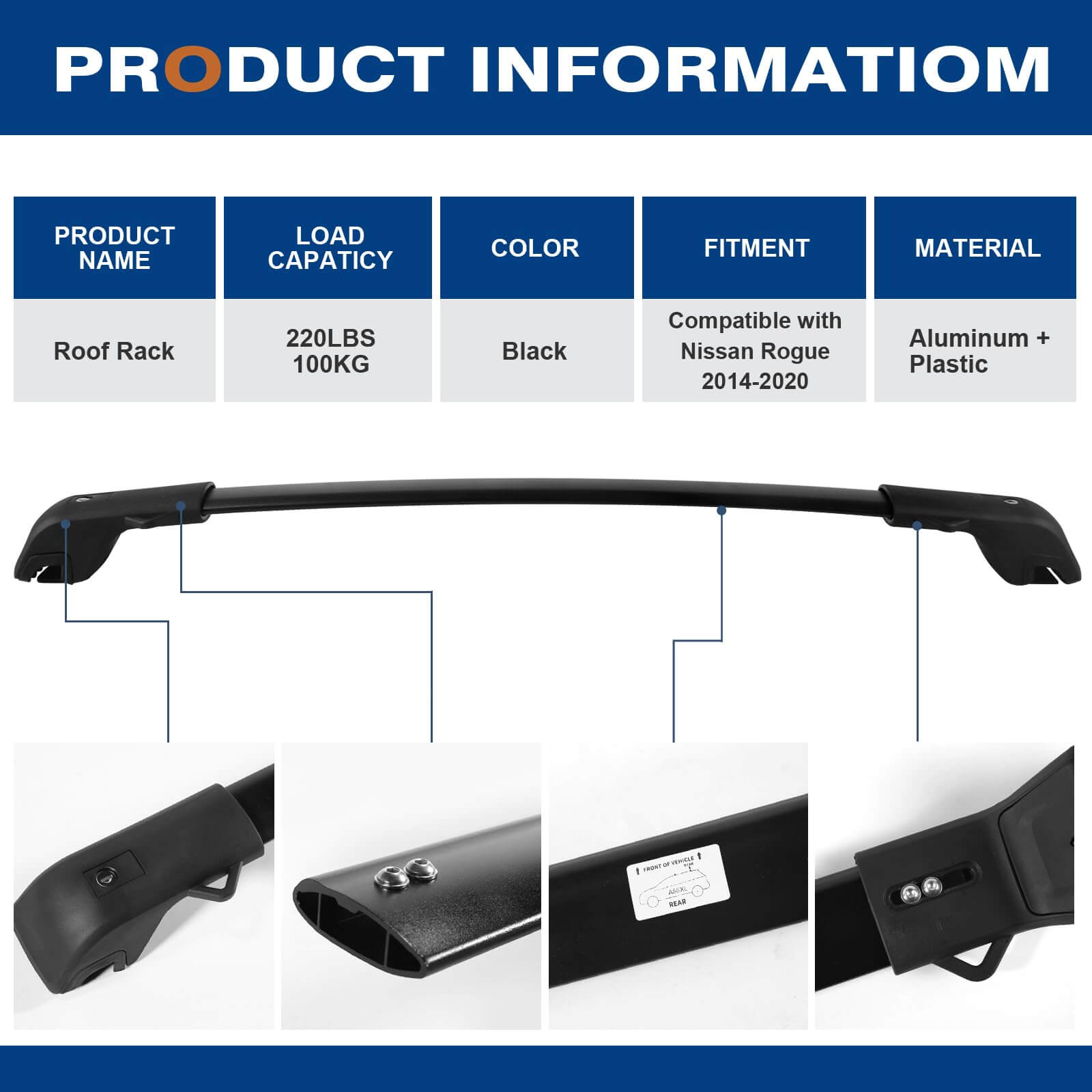 KINGGERI Roof Rack Cross Bars 220lbs Fit for Nissan Rogue 2014-2020 (with Raised Side Rails)