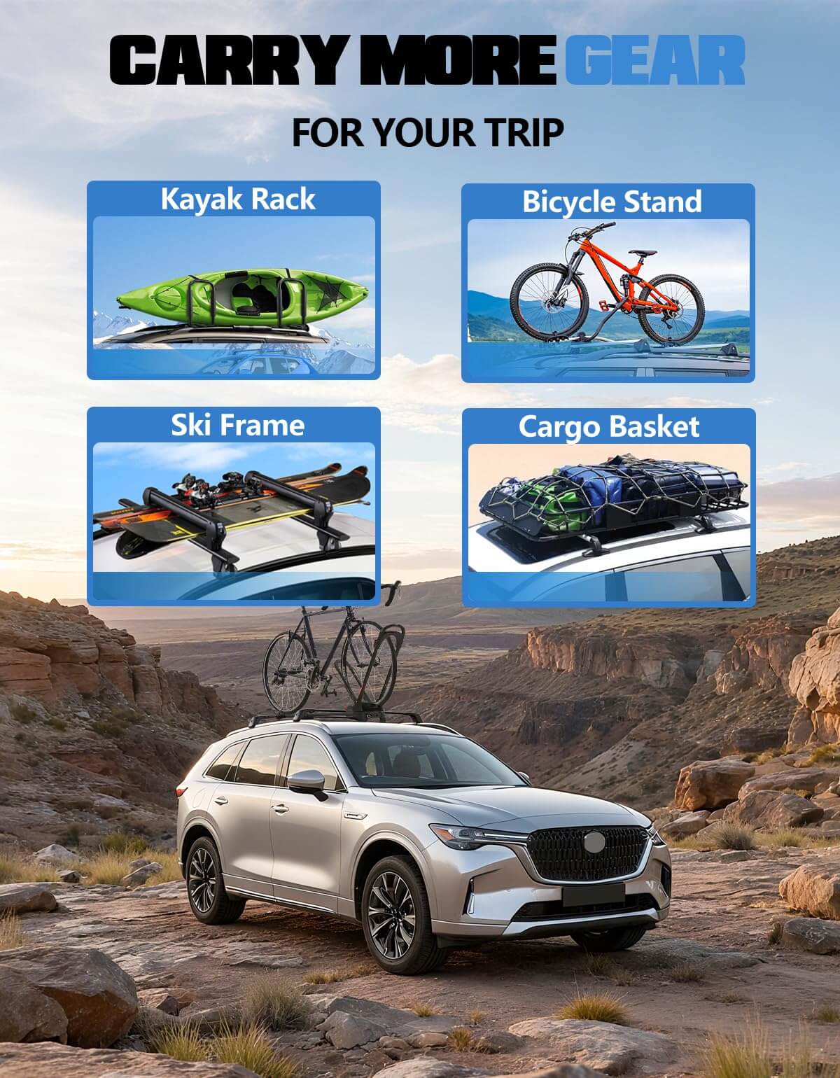 330lbs Roof Rack Cross Bars Compatible with 2024-2026 Mazda CX90 & CX-90 PHEV with Flush Side Rails