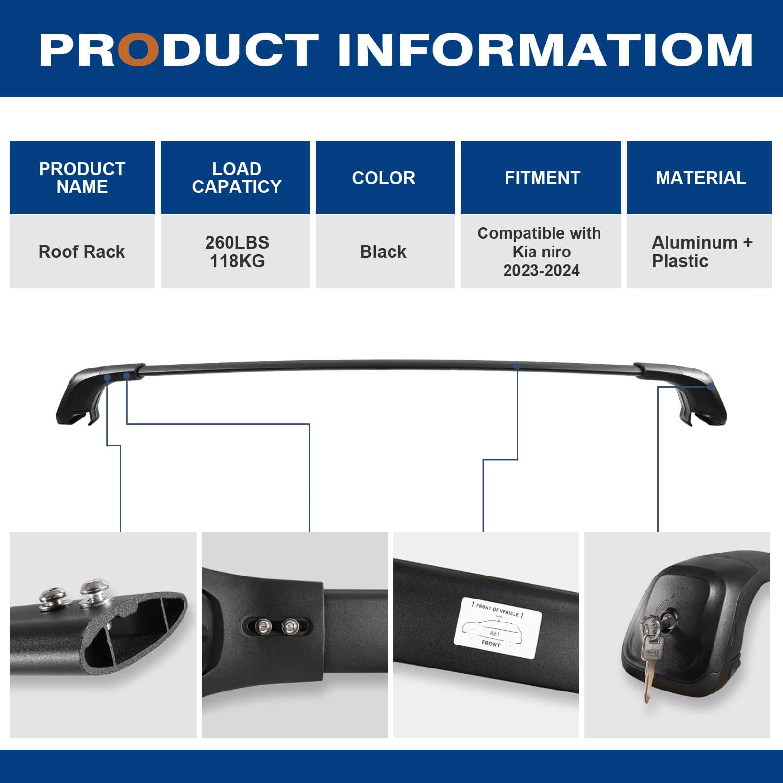 KINGGERI Roof Rack Cross Bars 260lbs Fit for Kia NIRO 2023-2025 with Flush Side Rails,Heavy Duty Aluminum