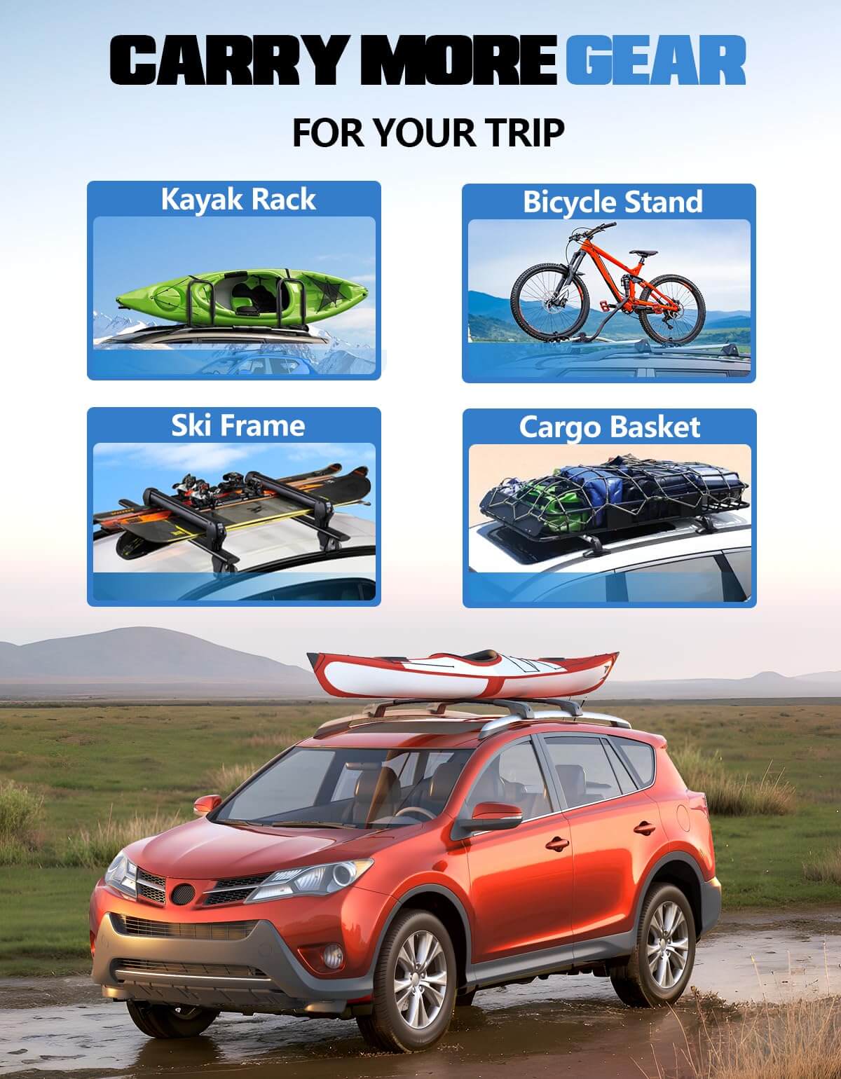 KINGGERI Lockable Roof Rack Cross Bars 220lb Compatible with Toyota Rav4 2013-2018, Heavy Duty Aluminum Roof Rails Crossbars