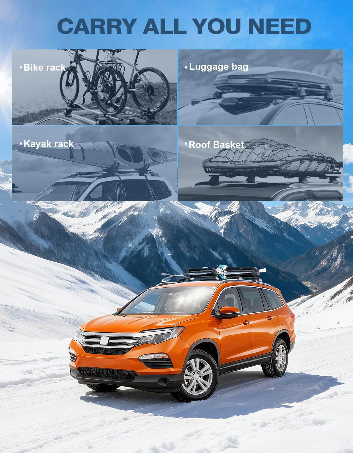 Roof Rack Cross Bars 220lbs Compatible with Honda Pilot 2016-2022 with Flush Rails, All-Metal Aluminum Heavy Duty