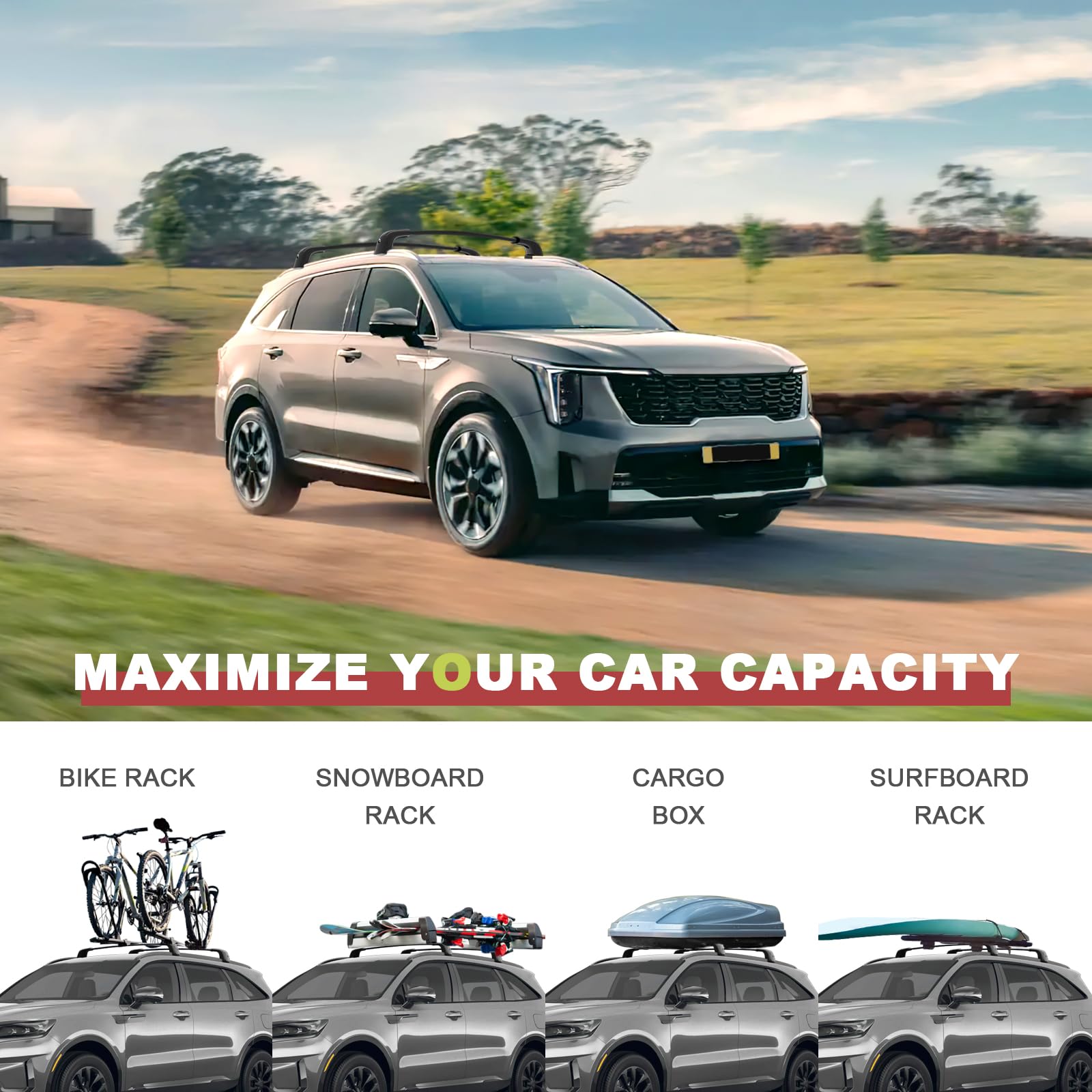 Lockable Roof Rack Cross Bars 220lbs Compatible with KIA Sorento & Sorento Hybrid 2021-2025 with Flush Side Rails