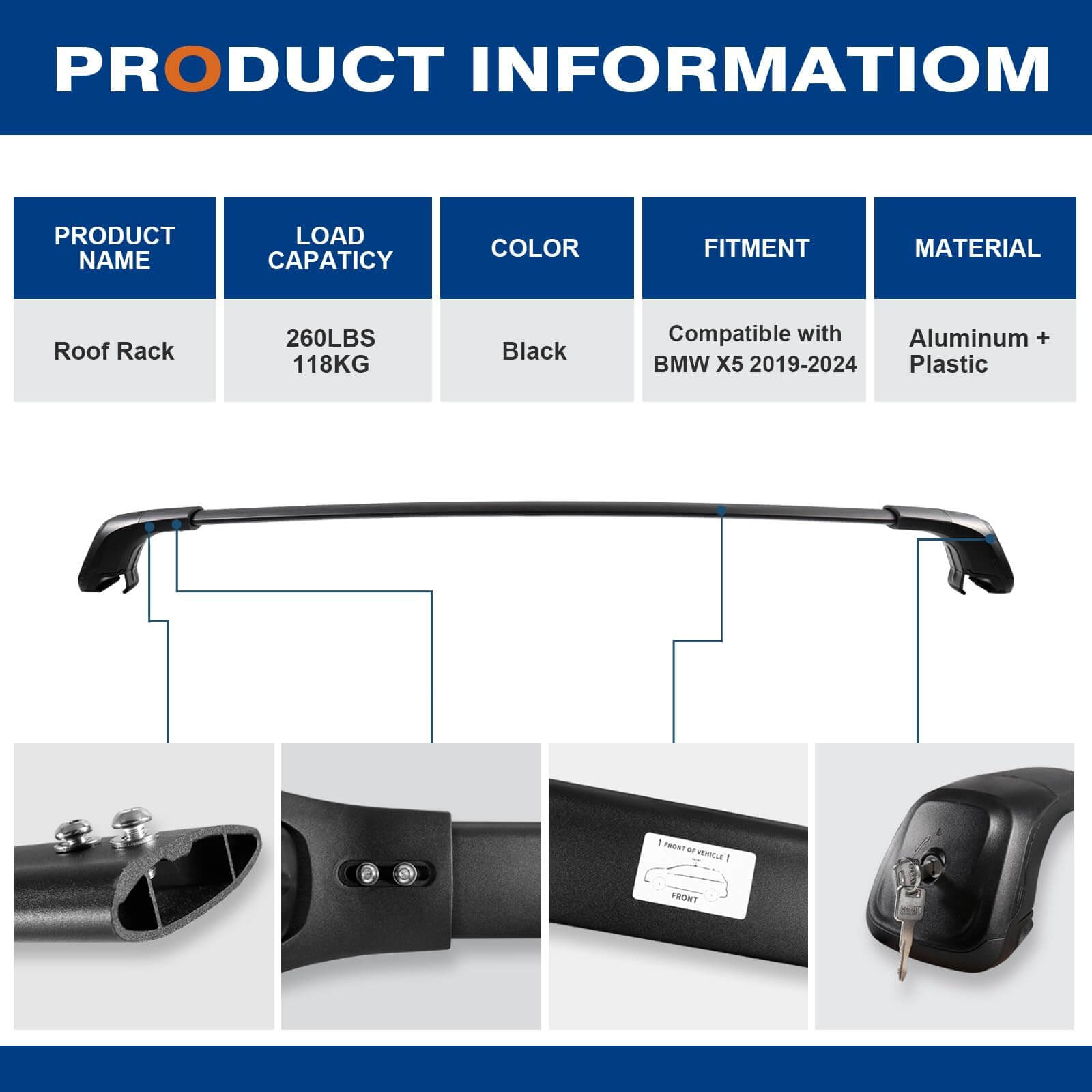 KINGGERI Lockable Roof Rack Cross Bars 260lbs Fit for BMW X5 G05 2019-2025,Heavy Duty Aluminum Roof Rails Crossbars