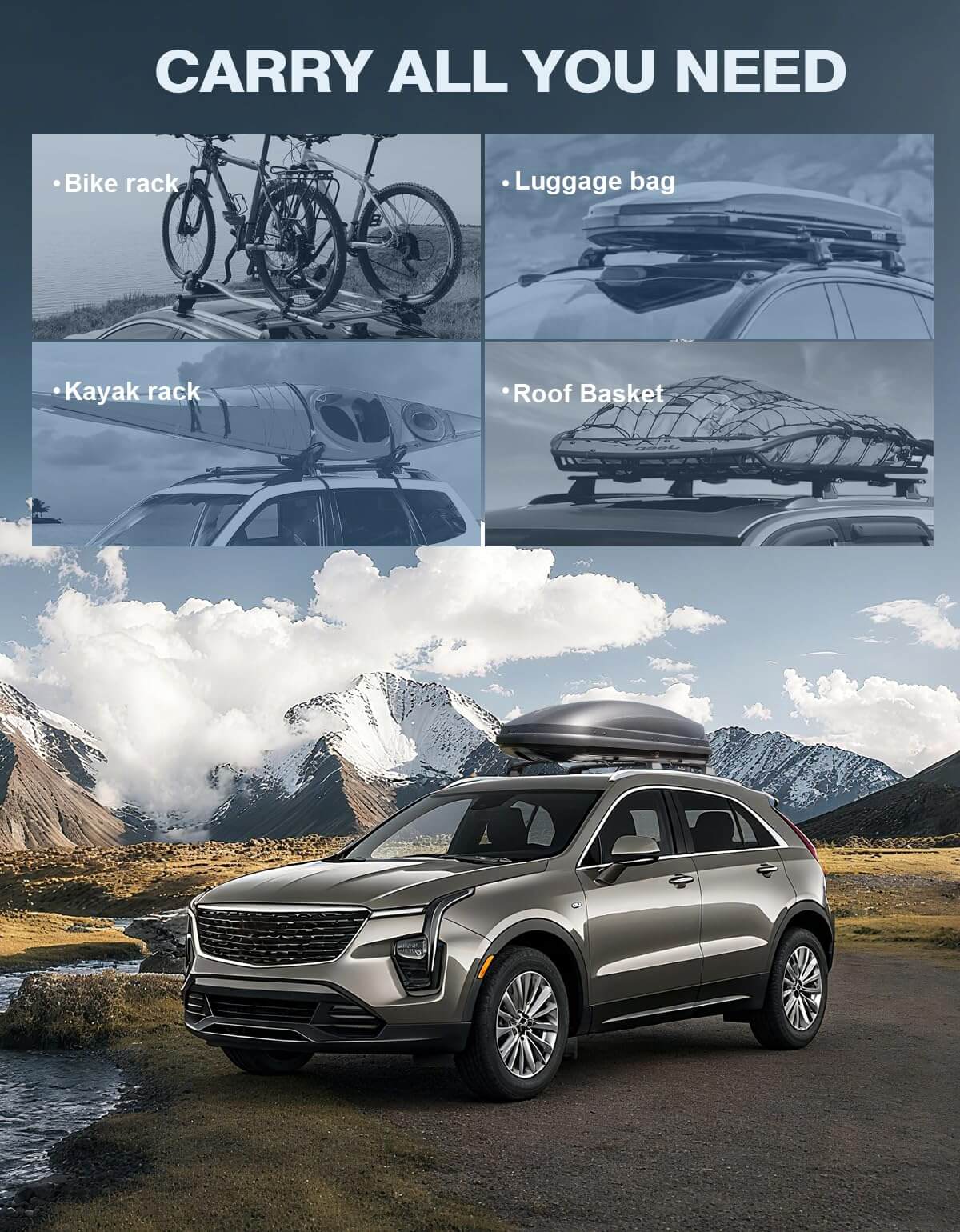 Roof Rack Cross Bars 220lbs Compatible with Cadillac XT4 2019-2025, Heavy Duty All-Metal