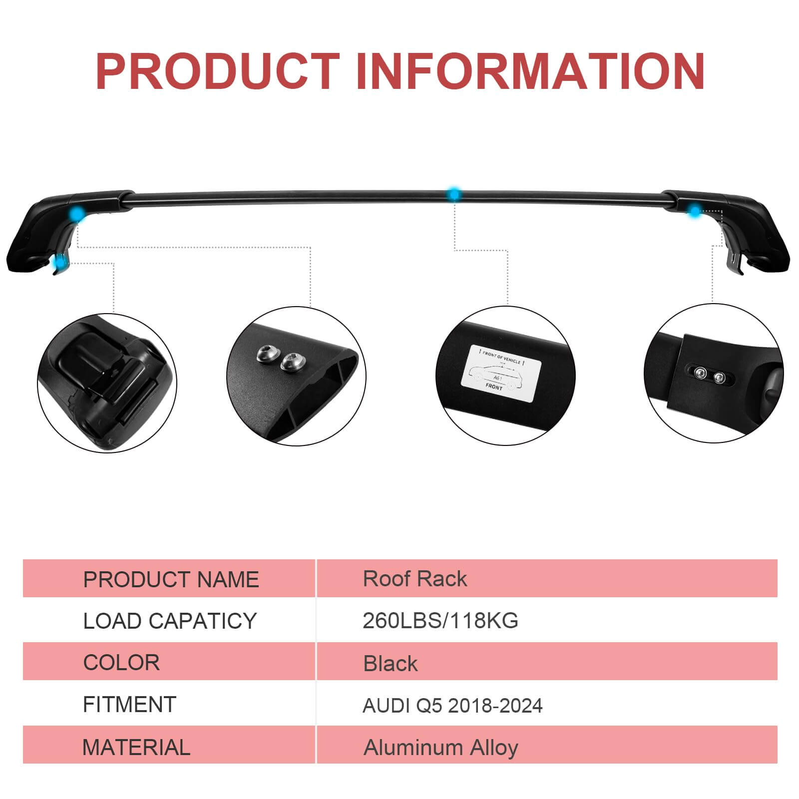 KINGGERI Heavy Duty 260lbs Roof Rack Cross Bars Fit for Audi Q5 2018-2025,Anti-Theft Lockable Aluminum