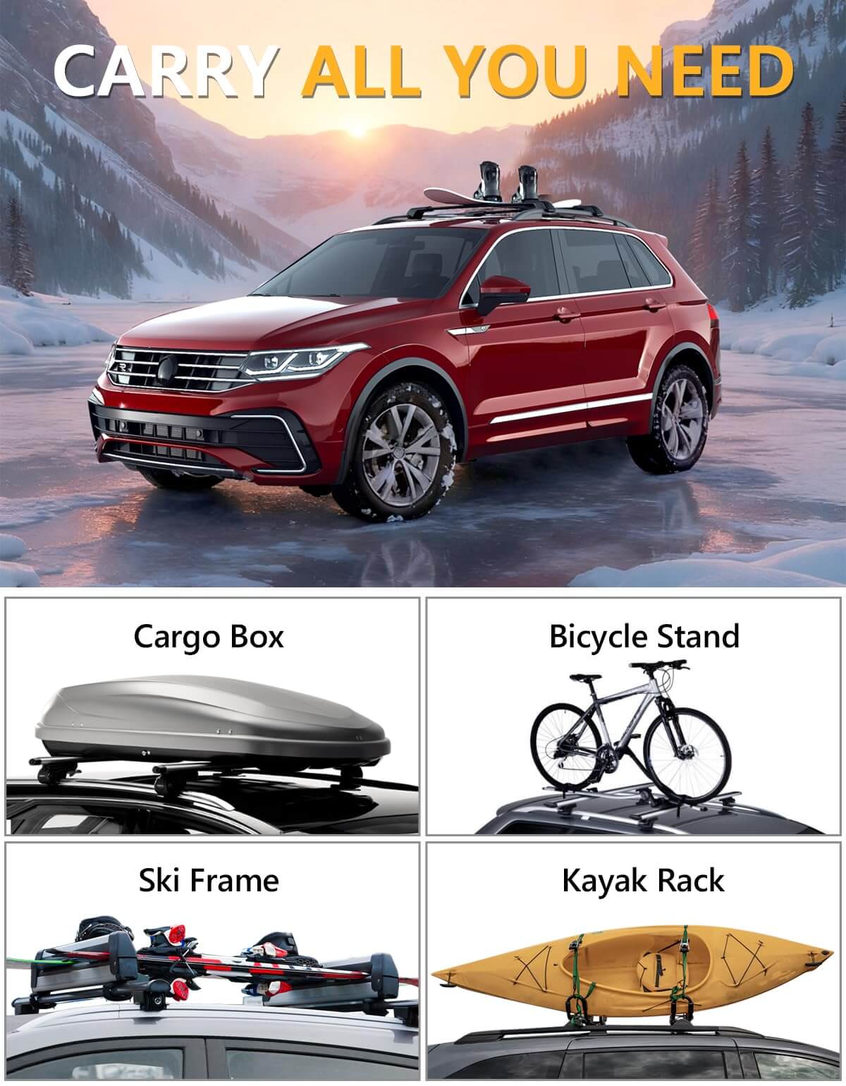 260lbs Lockbale Roof Rack Cross Bars Fit for Volkswagen VW Tiguan 2018-2024 (Not for Limited) & Taos 2022-2024