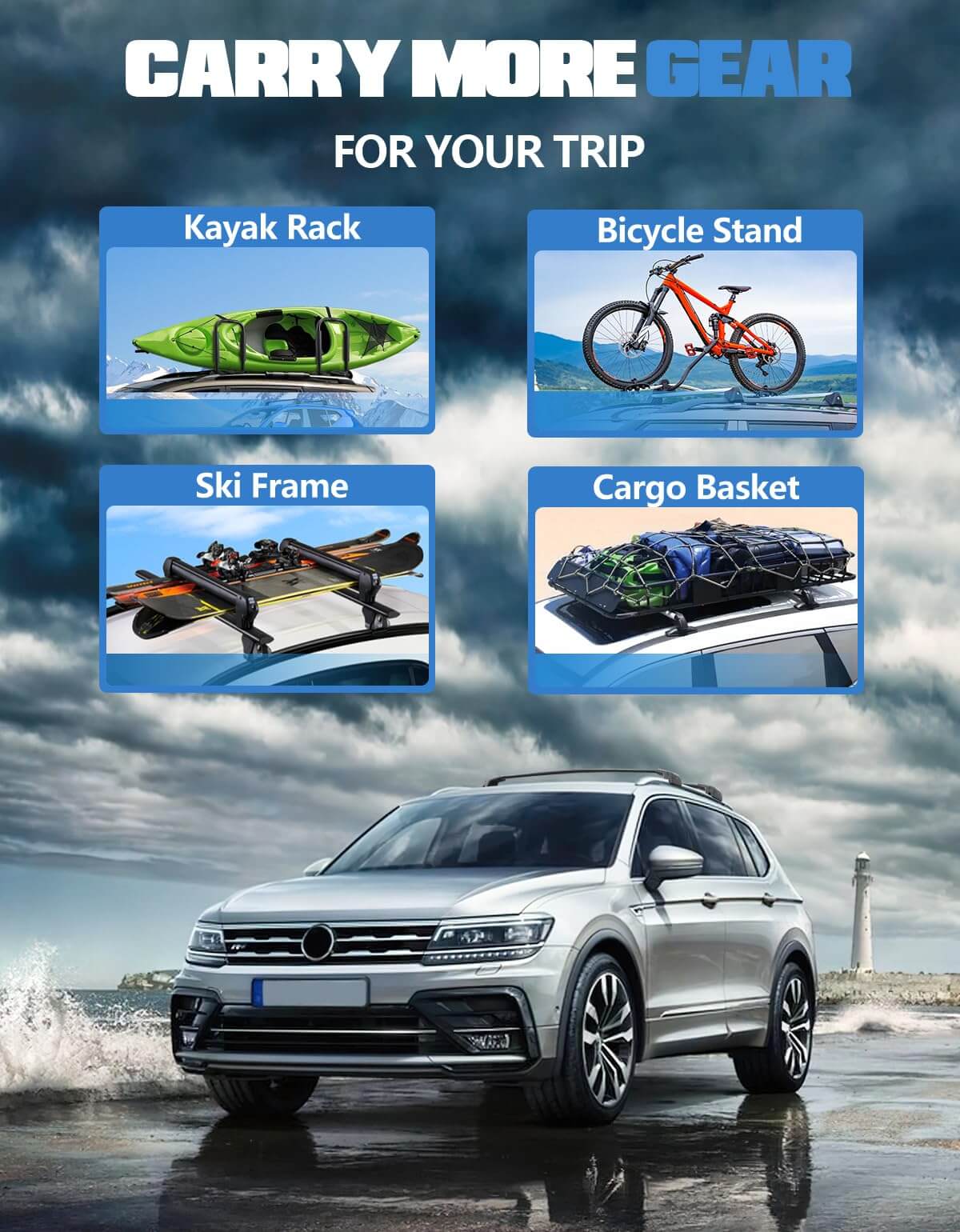 KINGGER Lockable Roof Rack Cross Bars 220lb Compatible with Volkswagen VW Tiguan 2018-2024 (Not for Limited) & Taos 2022-2024