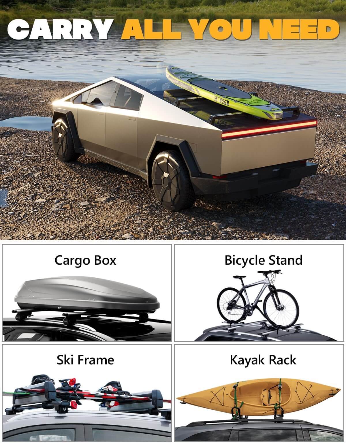 KINGGERI 550lbs Heavy Duty Roof Rack Cross Bars Compatible with Tesla Cybertruck 2024 2025