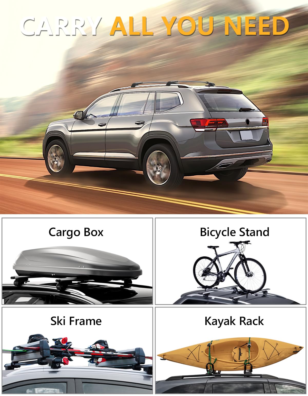 KINGGERI Roof Rack Cross Bars Compatible with Volkswagen VW Atlas 2017-2025 with Raised Side Rails(Not For Atlas Cross Sport)