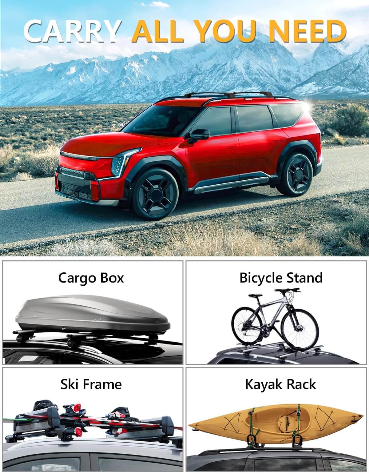 KINGGERI 220lbs Lockable Roof Rack Cross Bars Fit for KIA EV9 2024 2025 GT-Line (Not for Wind & Land) with Raised Rails