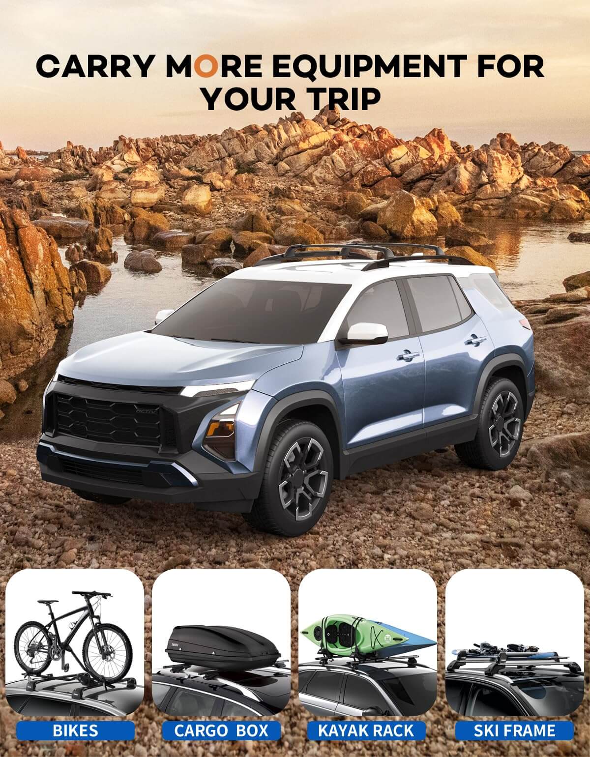 Lockable Roof Rack Cross Bars 260lbs Compatible with 2025 2026 Chevy Chevrolet Equinox with Raised Side Rails (Not for EV)