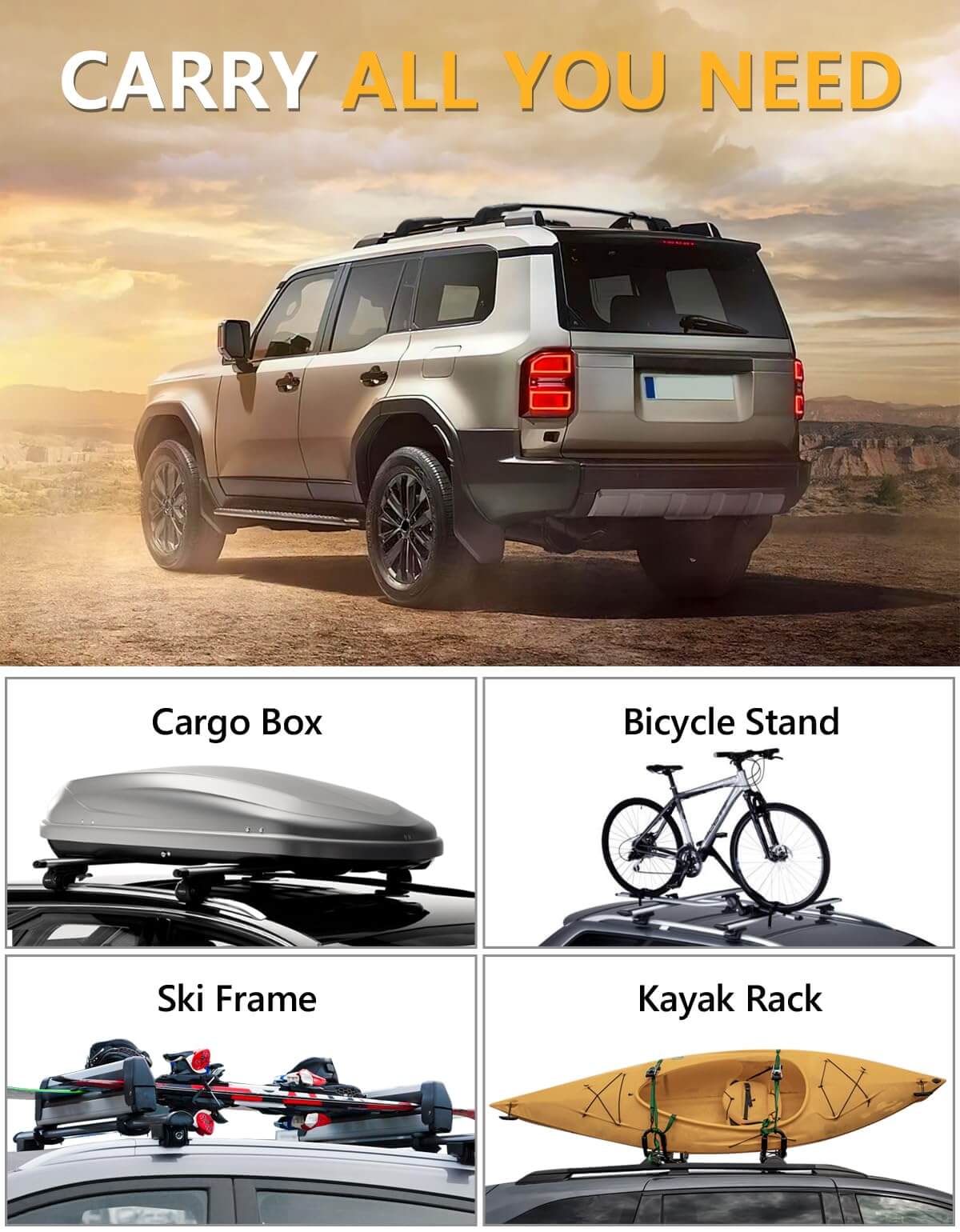 KINGGERI Lockable 220LBS Roof Rack Cross Bars Compatible with 2024 2025 Toyota Land Cruiser 250 & Lexus GX550 with Raised Side Rails