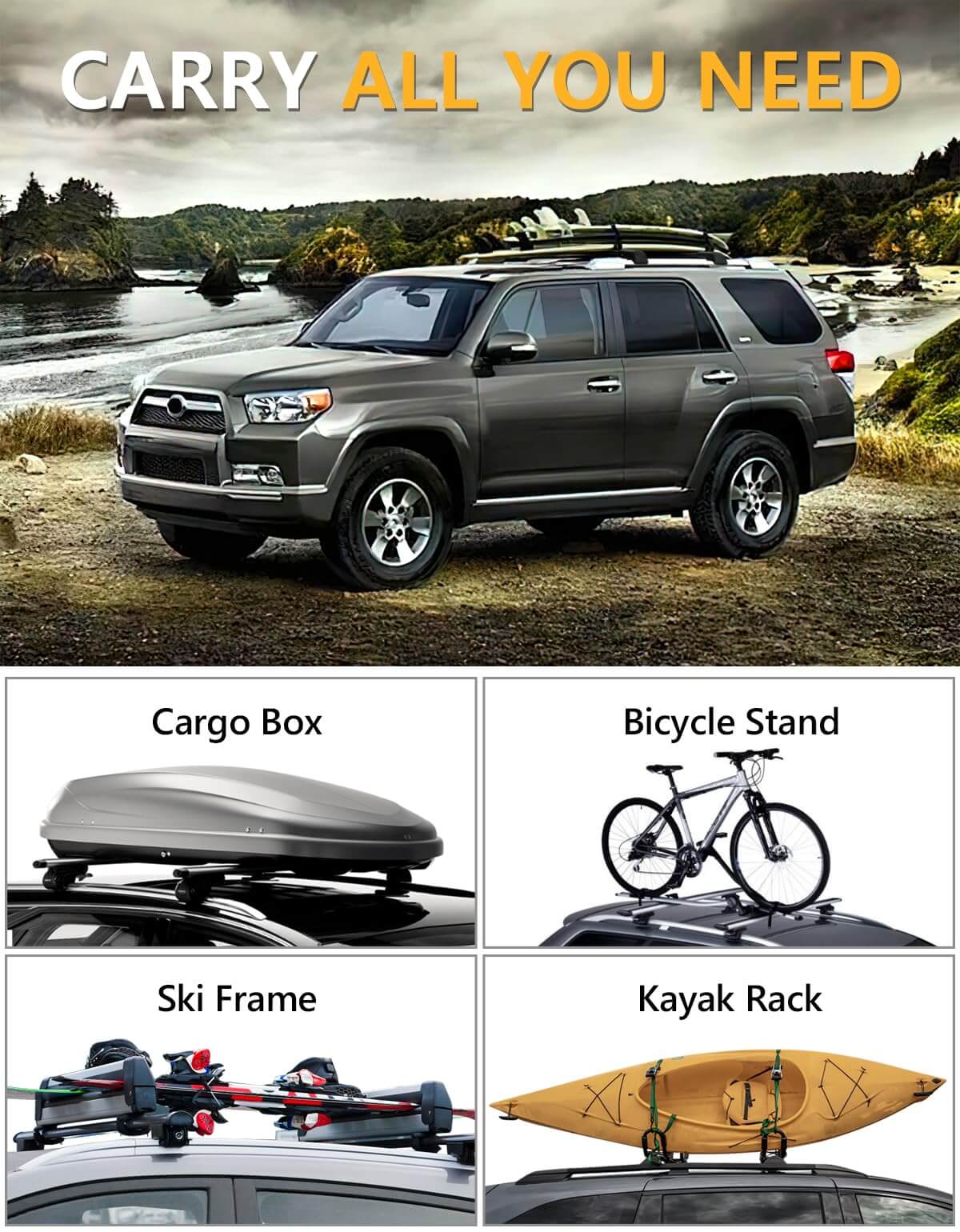 KINGGERI Lockable 220lbs Roof Rack Cross Bars Compatible with Toyota 4Runner 2010-2024 with Side ROOF Rails