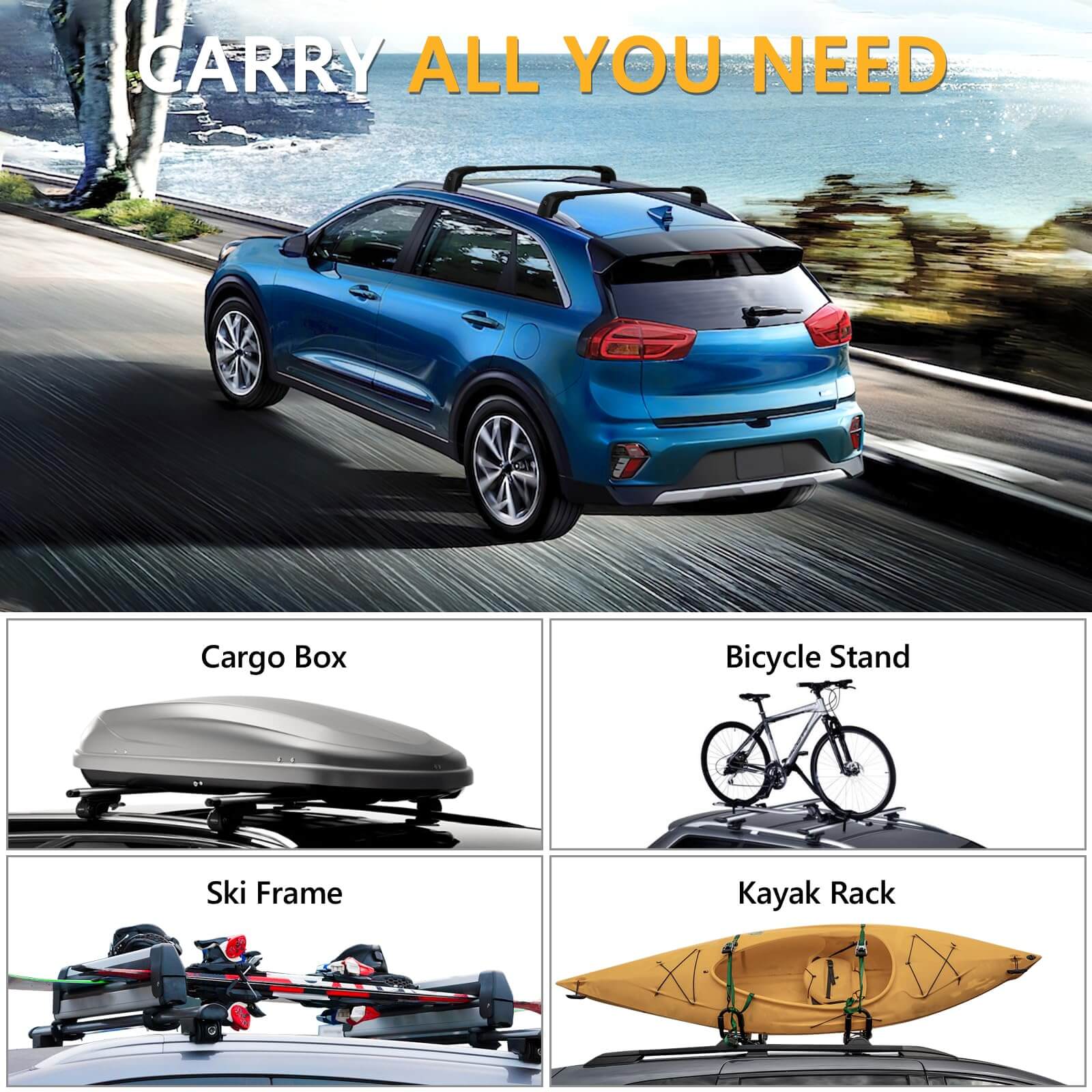 KINGGERI 220lbs Lockable Roof Rack Cross Bars Compatible with KIA NIRO 2017-2022, Heavy Duty Aluminum Roof Rails Crossbars Cargo Bars