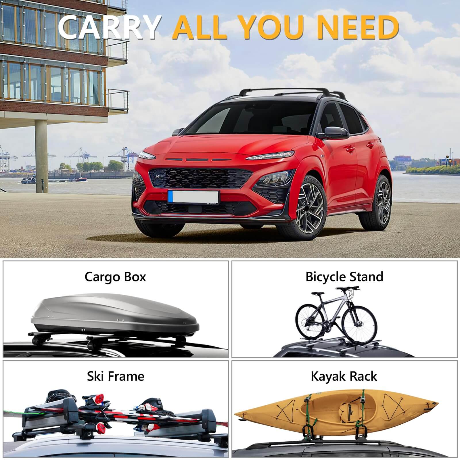 KINGGERI Lockable 220lbs Roof Rack Cross Bars Fit for 2018-2023 Hyundai Kona & Kona N & Kona Electric with Flush Side Rails