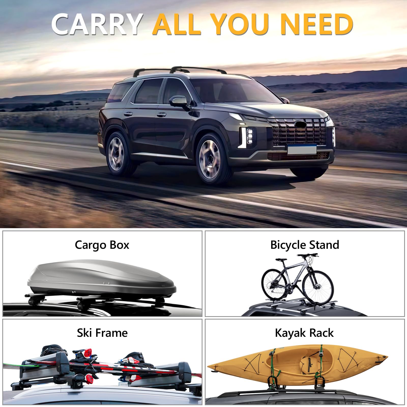 220lbs Lockable Roof Rack Cross Bars Compatible with Hyundai Palisade 2019-2025 SE SEL XRT Limited Calligraphy