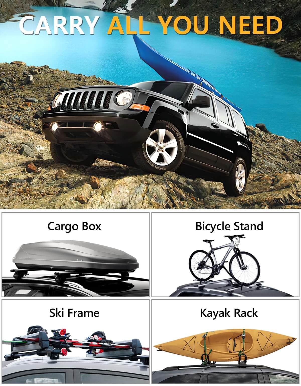 KINGGERI 220lbs Lockable Roof Rack Cross Bars Compatible with Jeep Patriot 2007-2017 with Raised Side Rails