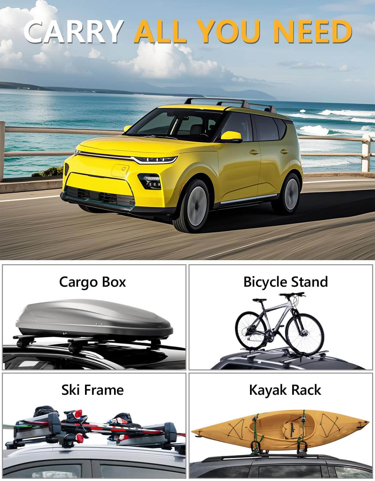 KINGGERI 220lbs Lockable Roof Rack Cross Bars Compatible with Kia Soul 2020-2025 Without Side Rails
