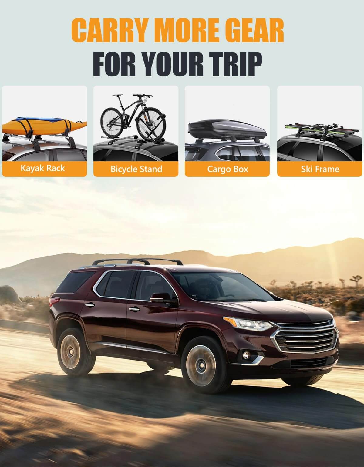 260lbs Lockable Roof Rack Cross Bar Compatible with Chevrolet Chevy Traverse 2018-2021 with Raised Side Rails