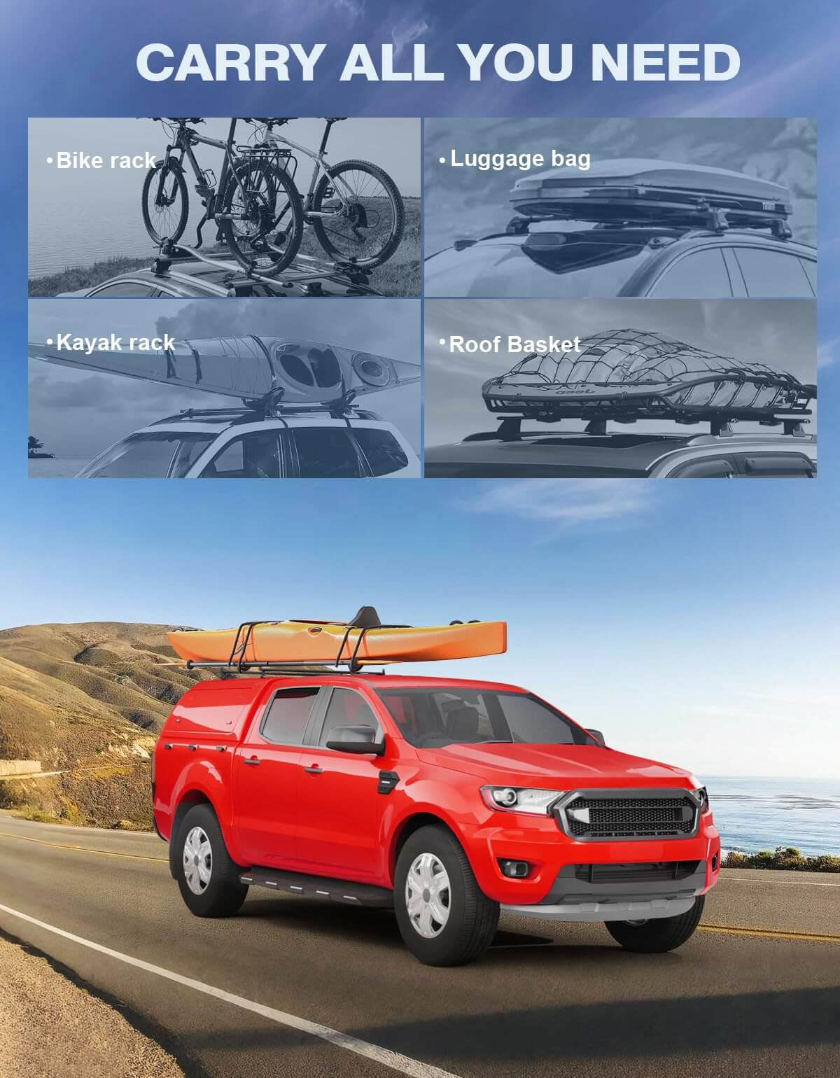 57" Universal Roof Ladder Rack for Van & Pickup Truck Cap & Topper, Roof Rack, 2 Bars, Heavy Duty Aluminum