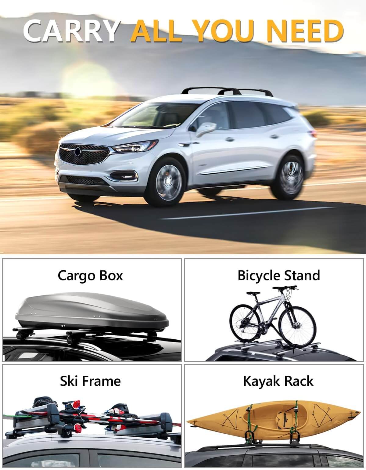 260lbs Lockable Roof Rack Cross Bars Compatible with Buick Enclave 2018-2024 (with Flush Side Rails)