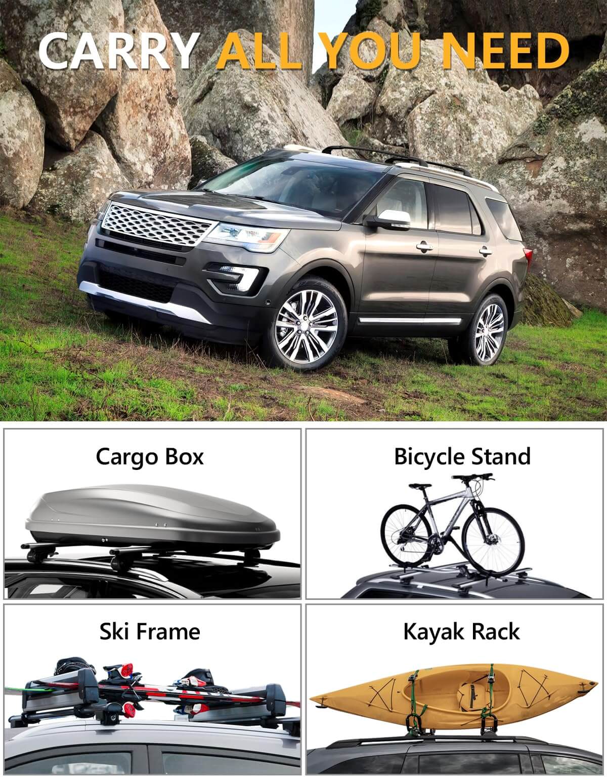 KINGGERI 220lbs Roof Rack Cross Bars Compatible with Ford Explorer 2016-2019 (Base/XLT/Limited/Sport/Platinum)