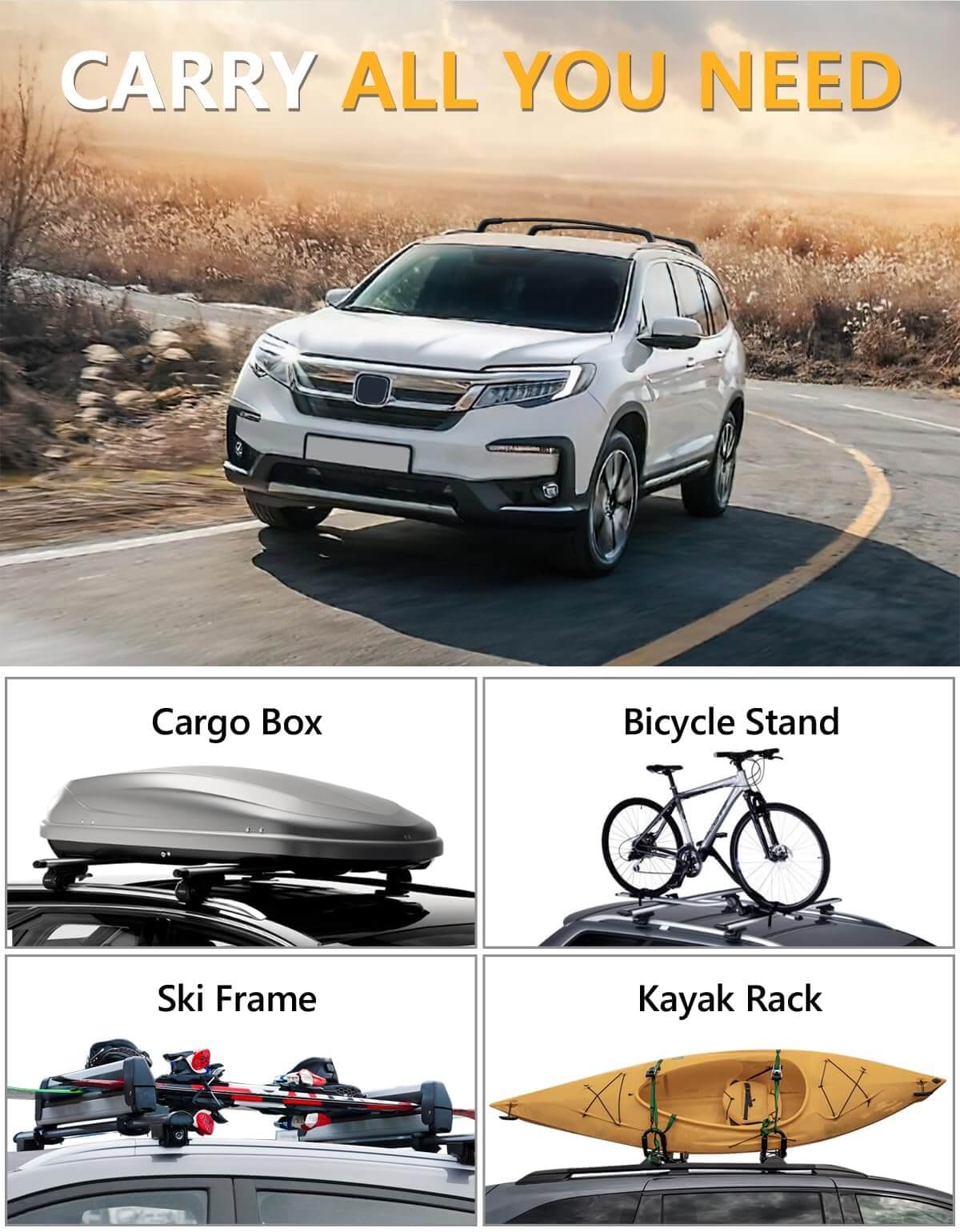 260lbs Lockable Roof Rack Cross Bars Compatible with Honda Pilot 2016-2022 with Flush Rails