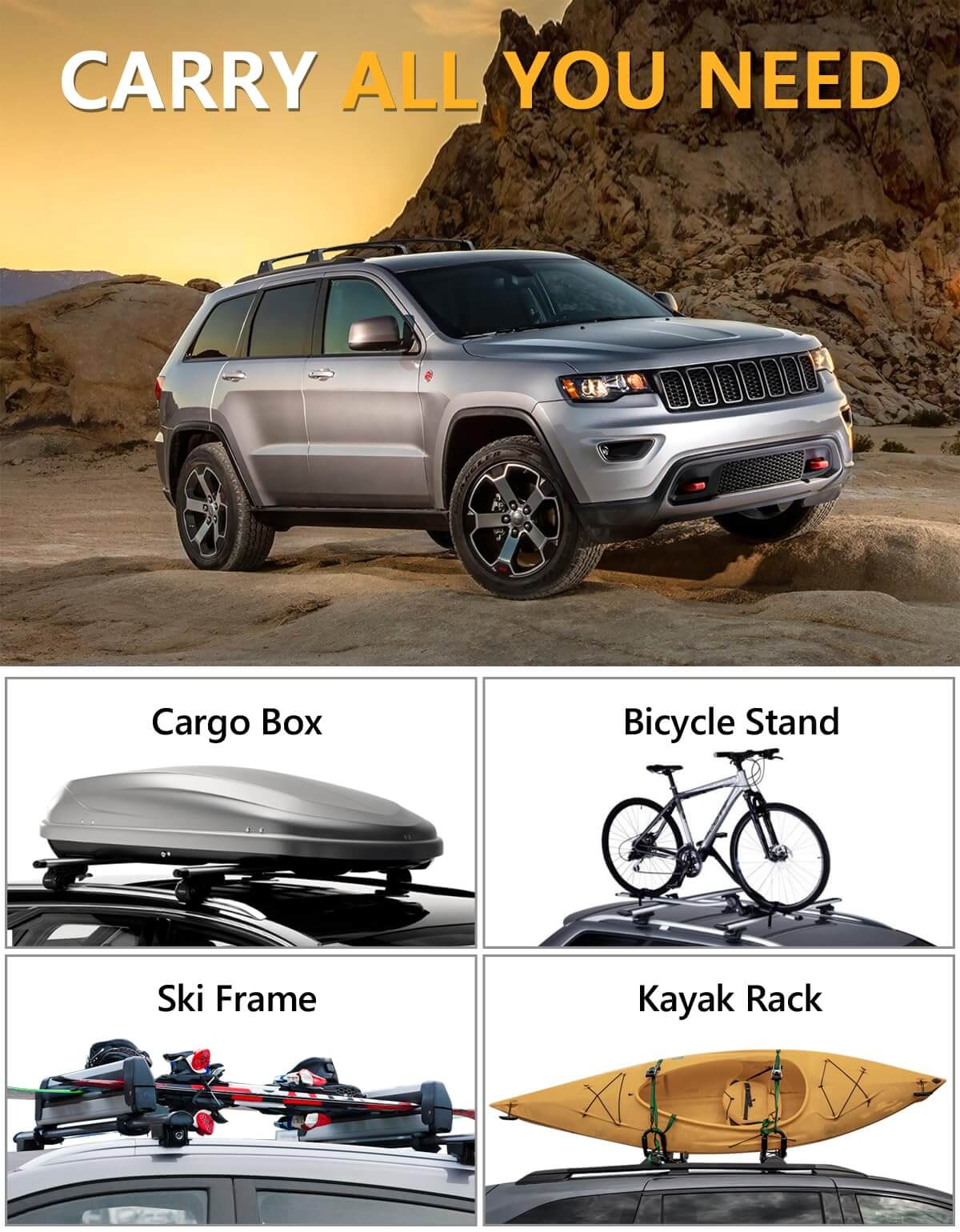 260lbs Roof Rack Cross Bars Compatible with Jeep Grand Cherokee 2011-2021 with Grooved Side Rails